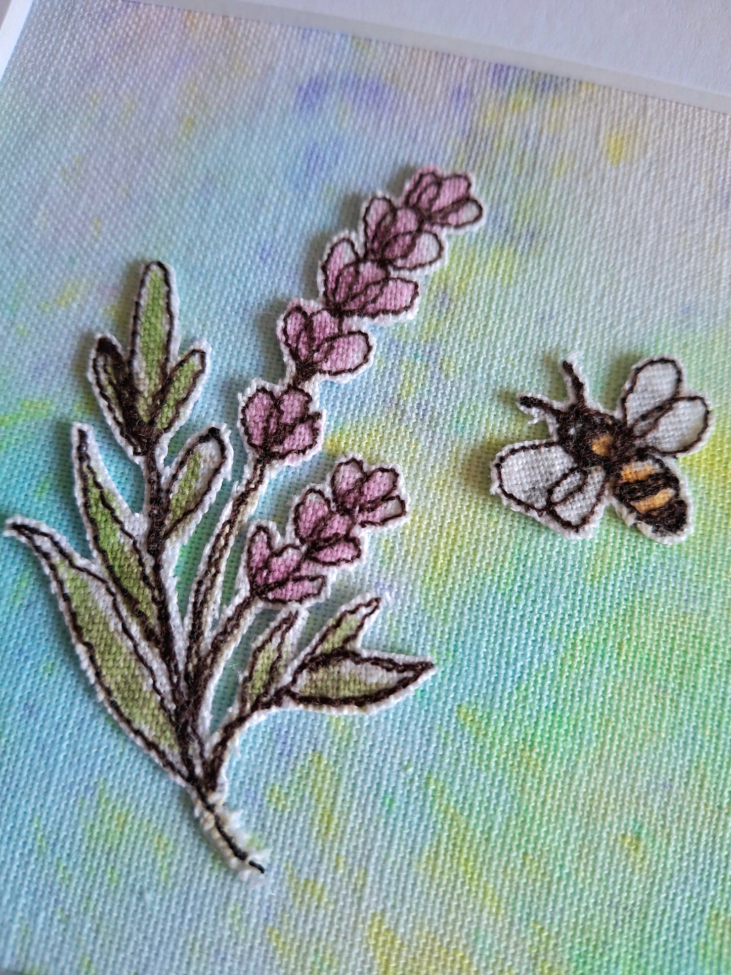 Original Textile Art - Lavender & Bee - 6 x 6 inches