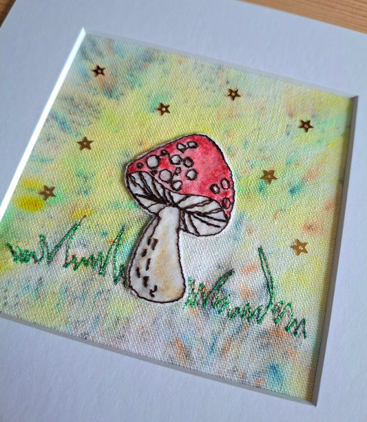 Original Textile Art - Whimsical Mushroom - 6 x 6 inches (Yellow)
