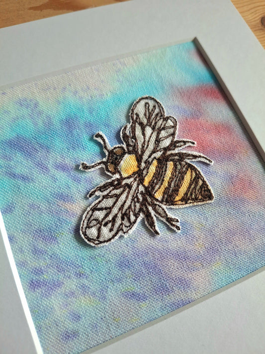 Original Textile Art - Bee - 6 x 6 inches (Berry & Lavender)
