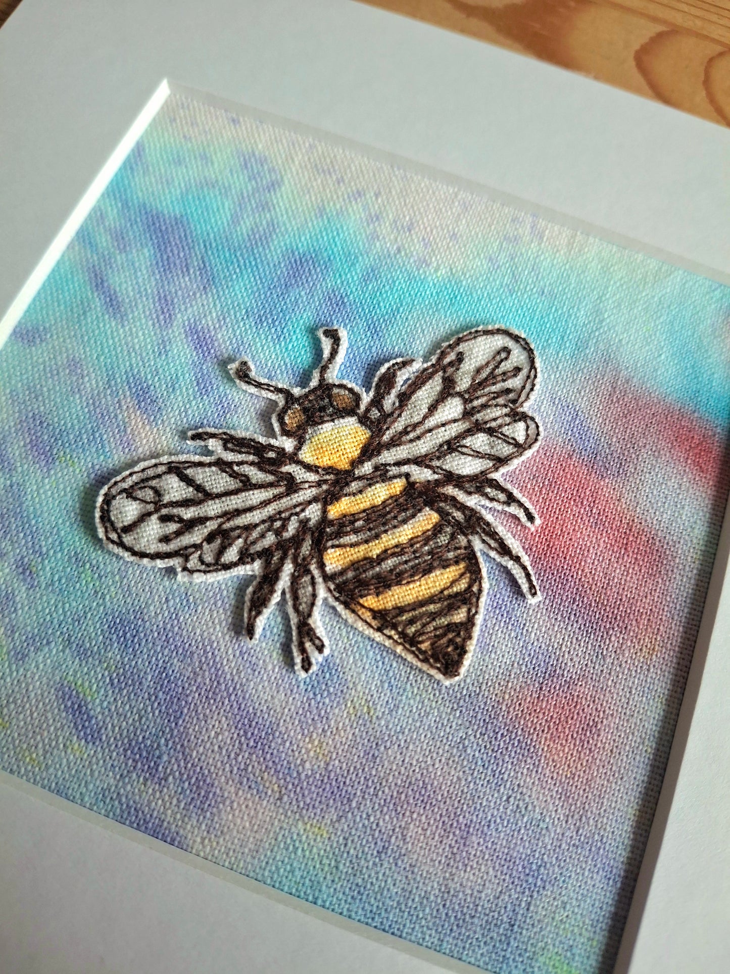 Original Textile Art - Bee - 6 x 6 inches (Berry & Lavender)