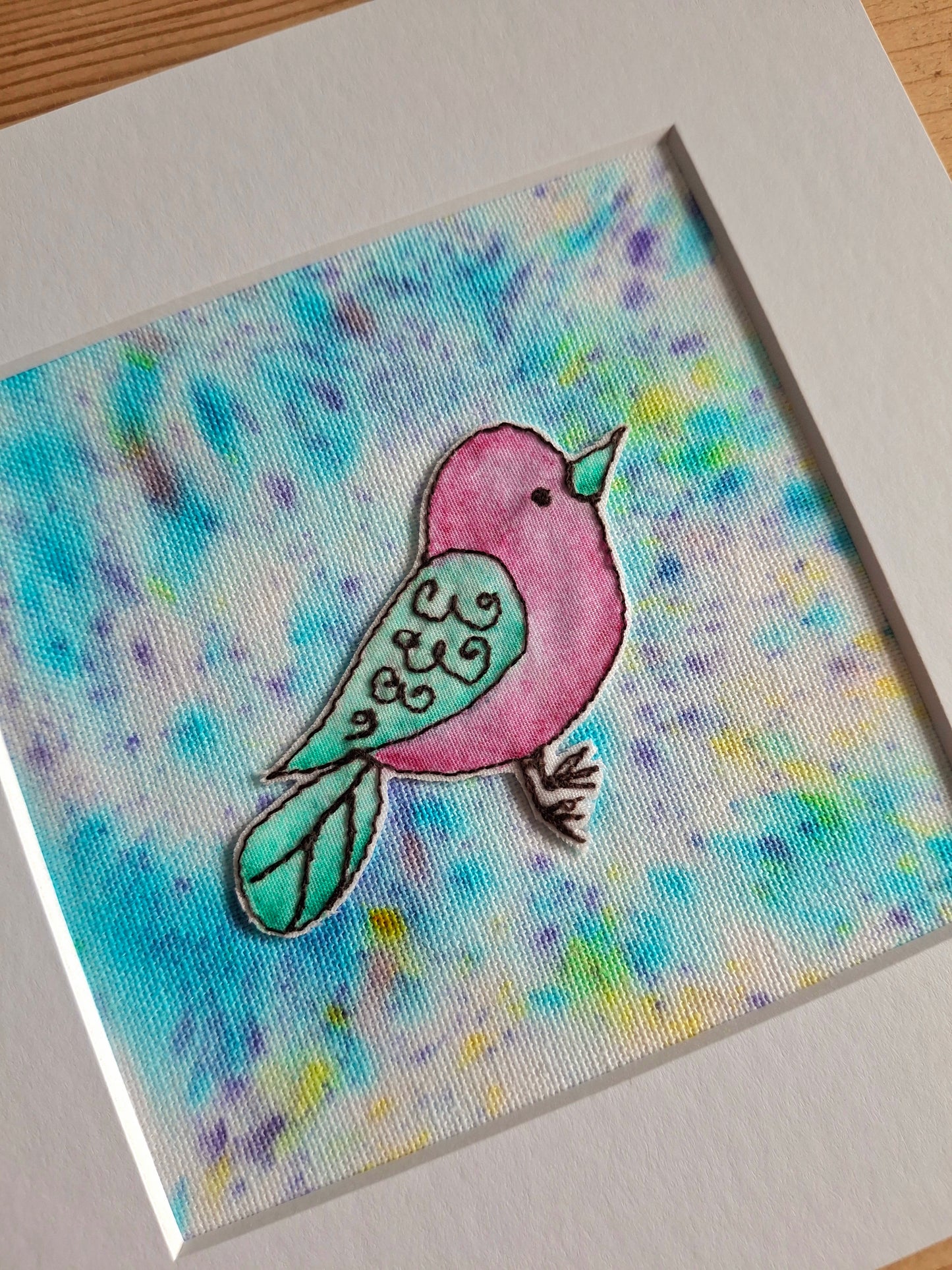 Original Textile Art - Birdie - 6 x 6 inches (Lavender & Blue)