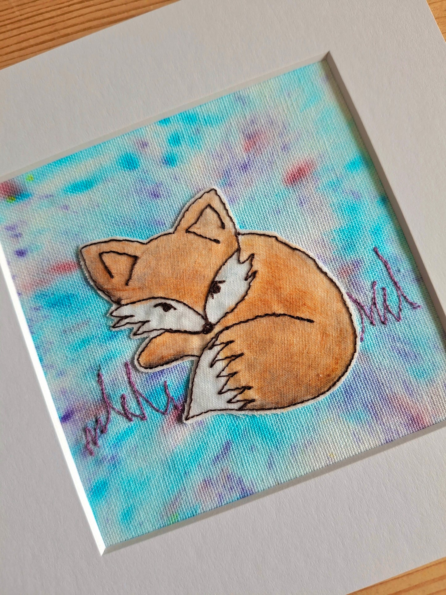 Original Textile Art - Relaxed Fox - 6 x 6 inches (Blue)