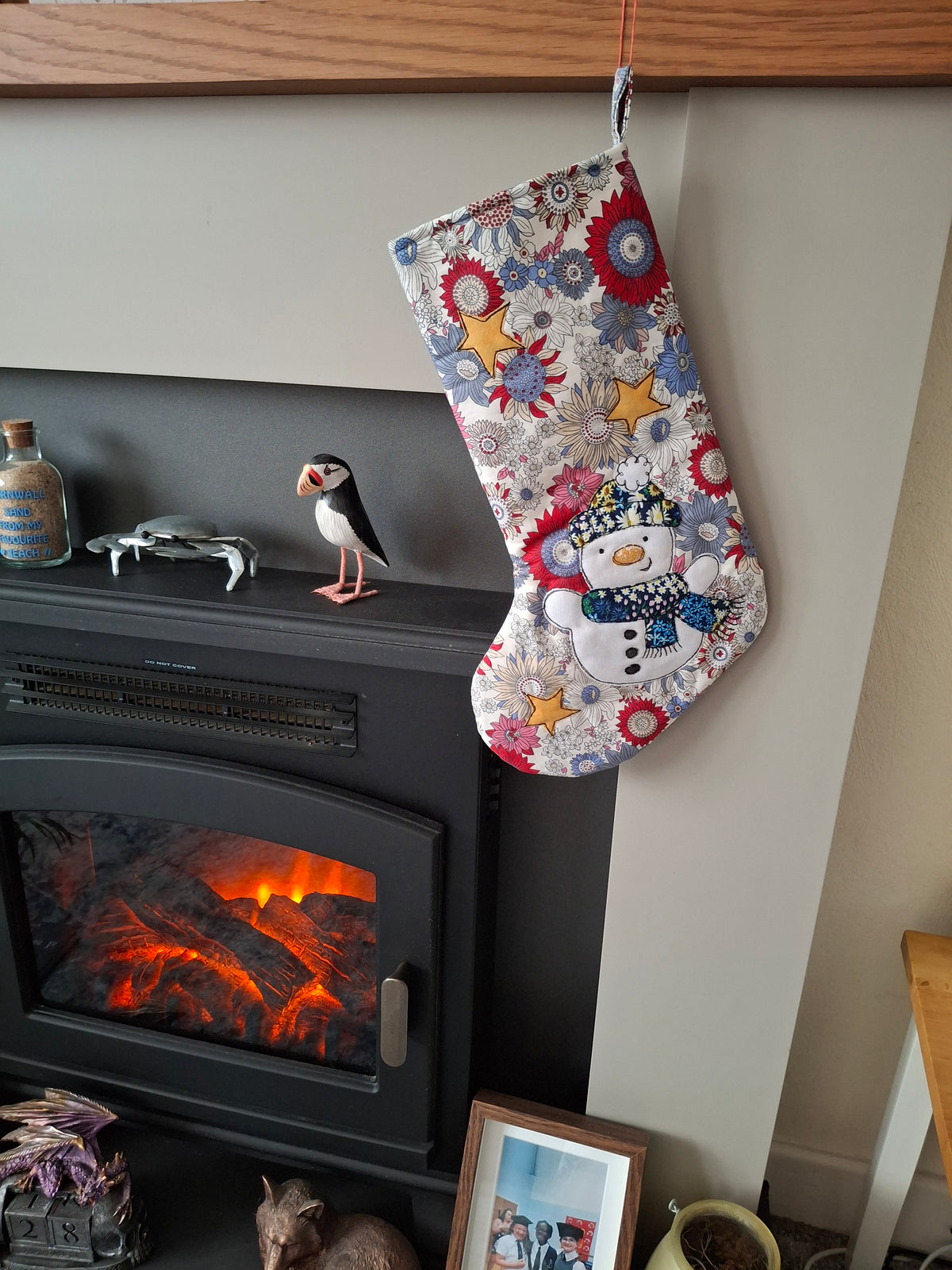 Christmas Stocking - Snowman - Red Floral