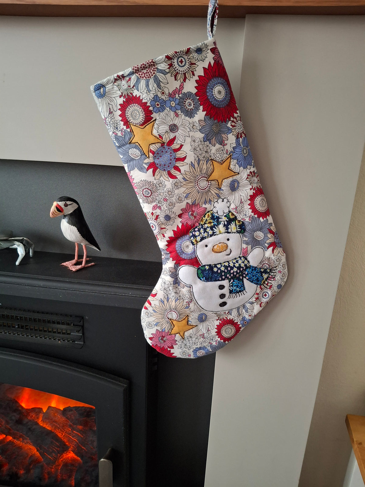 Christmas Stocking - Snowman - Red Floral