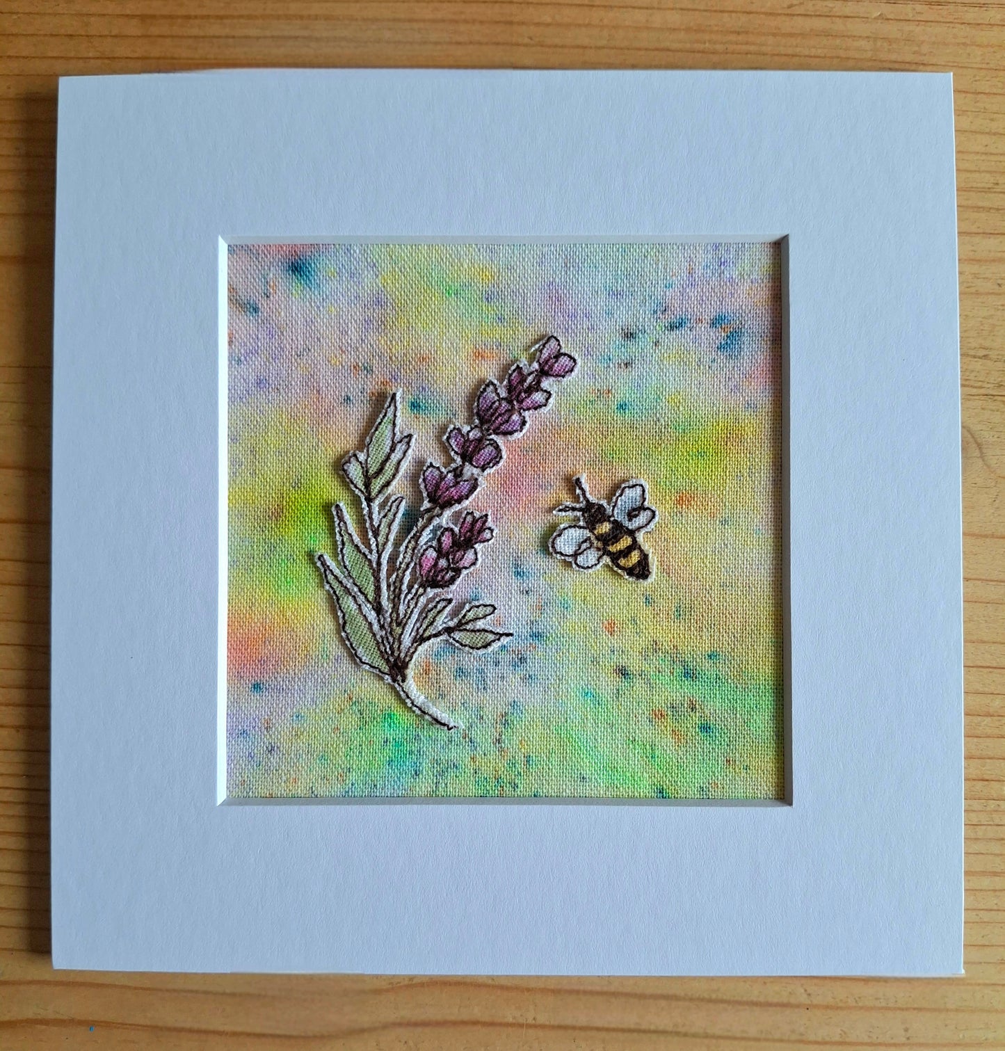 Original Textile Art - Lavender & Bee - 6 x 6 inches