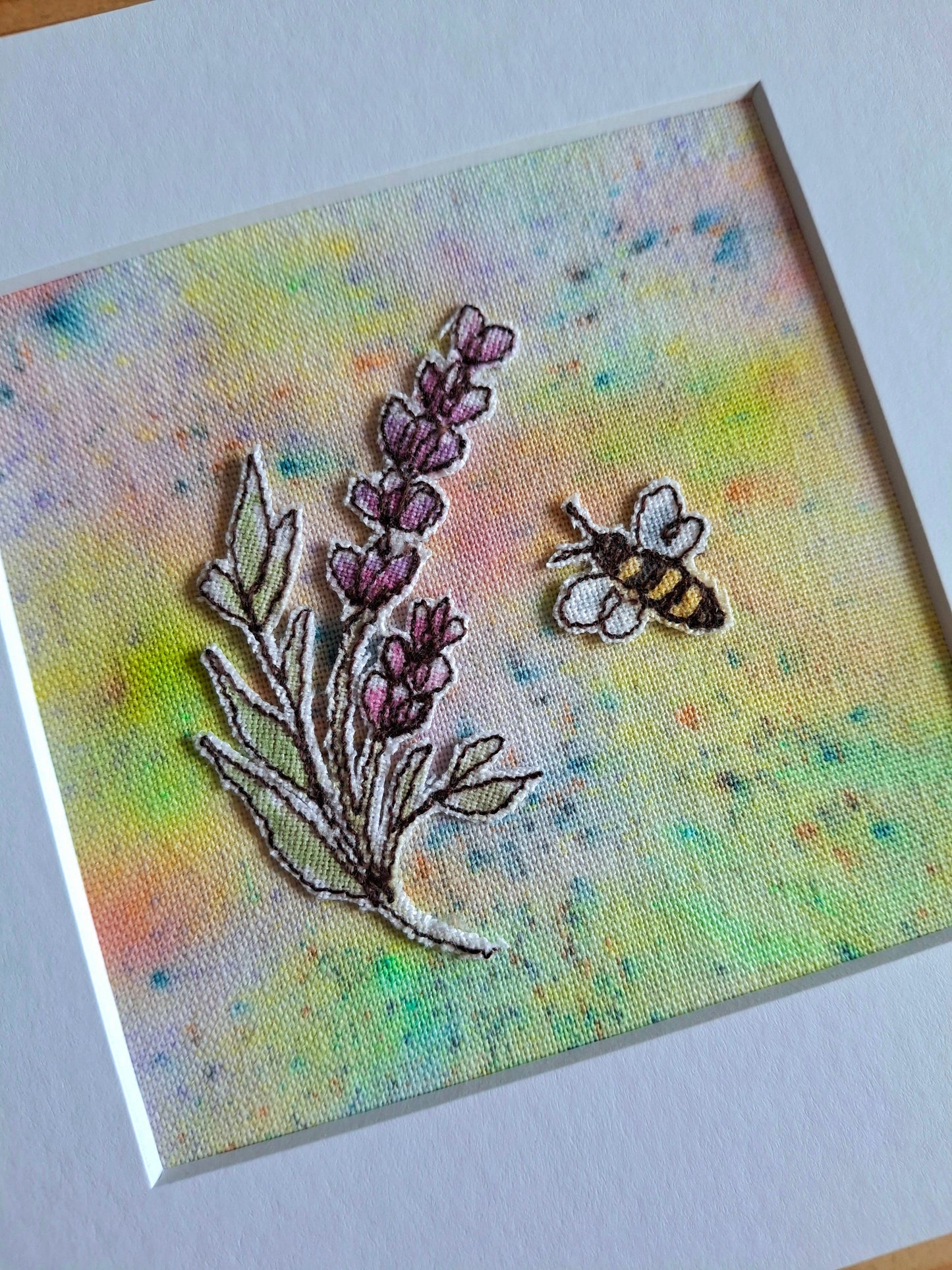 Original Textile Art - Lavender & Bee - 6 x 6 inches