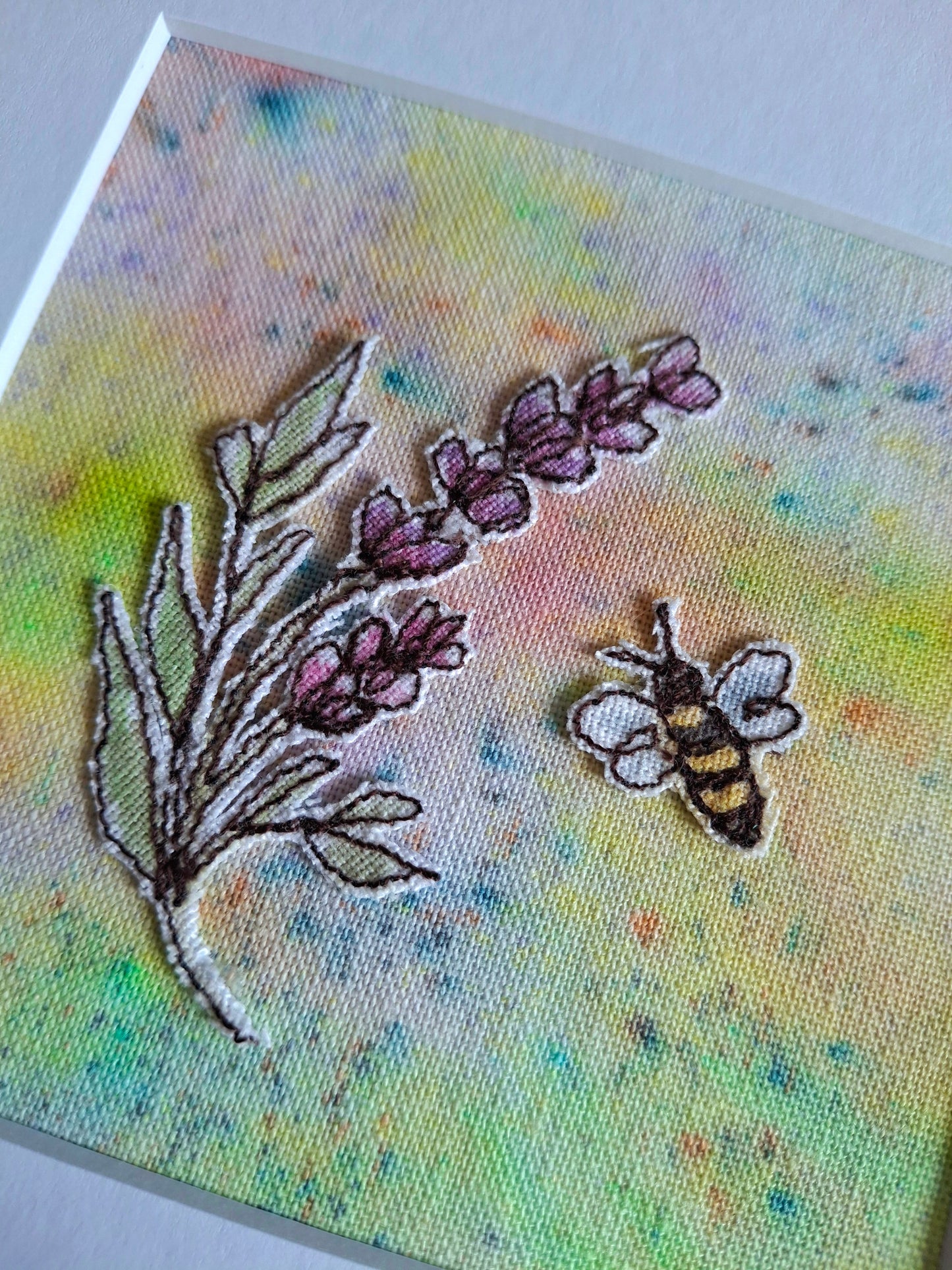 Original Textile Art - Lavender & Bee - 6 x 6 inches
