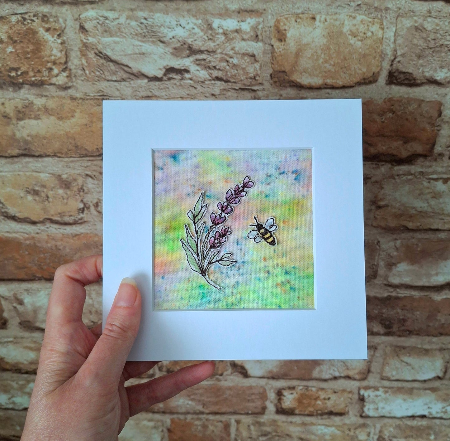 Original Textile Art - Lavender & Bee - 6 x 6 inches