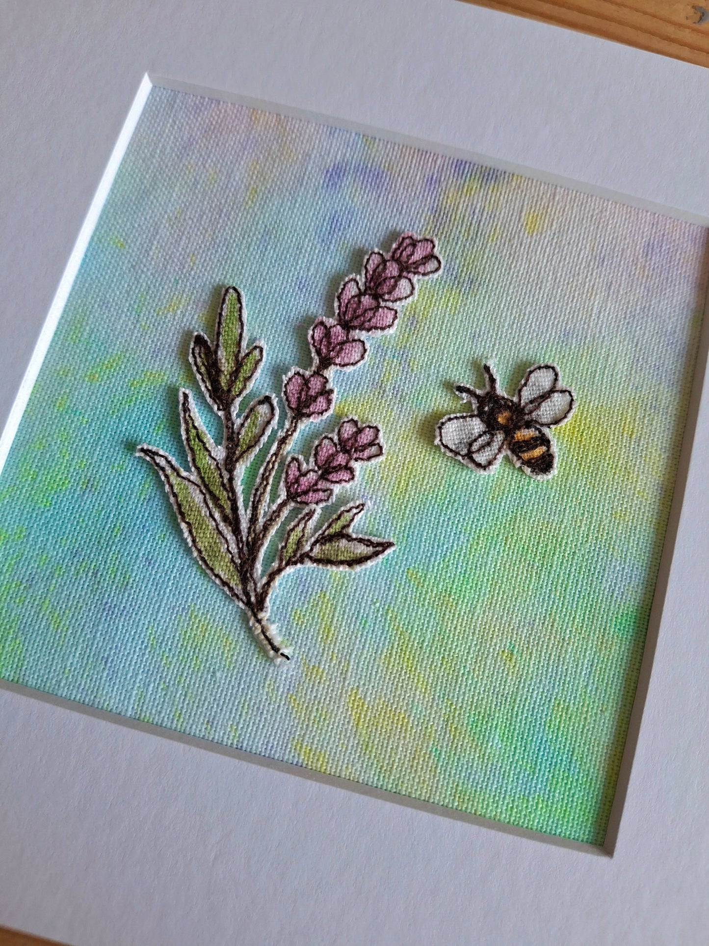 Original Textile Art - Lavender & Bee - 6 x 6 inches