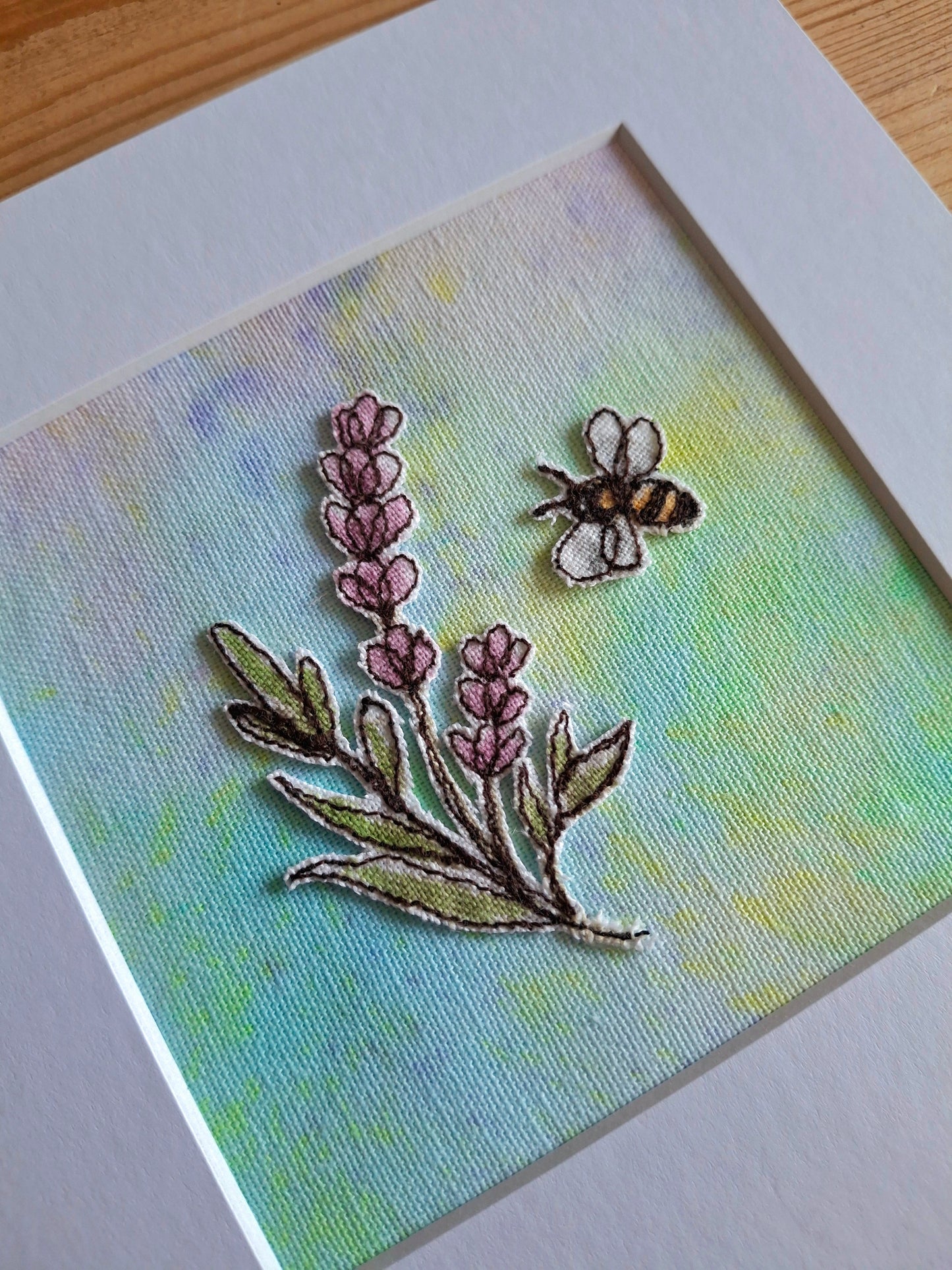 Original Textile Art - Lavender & Bee - 6 x 6 inches