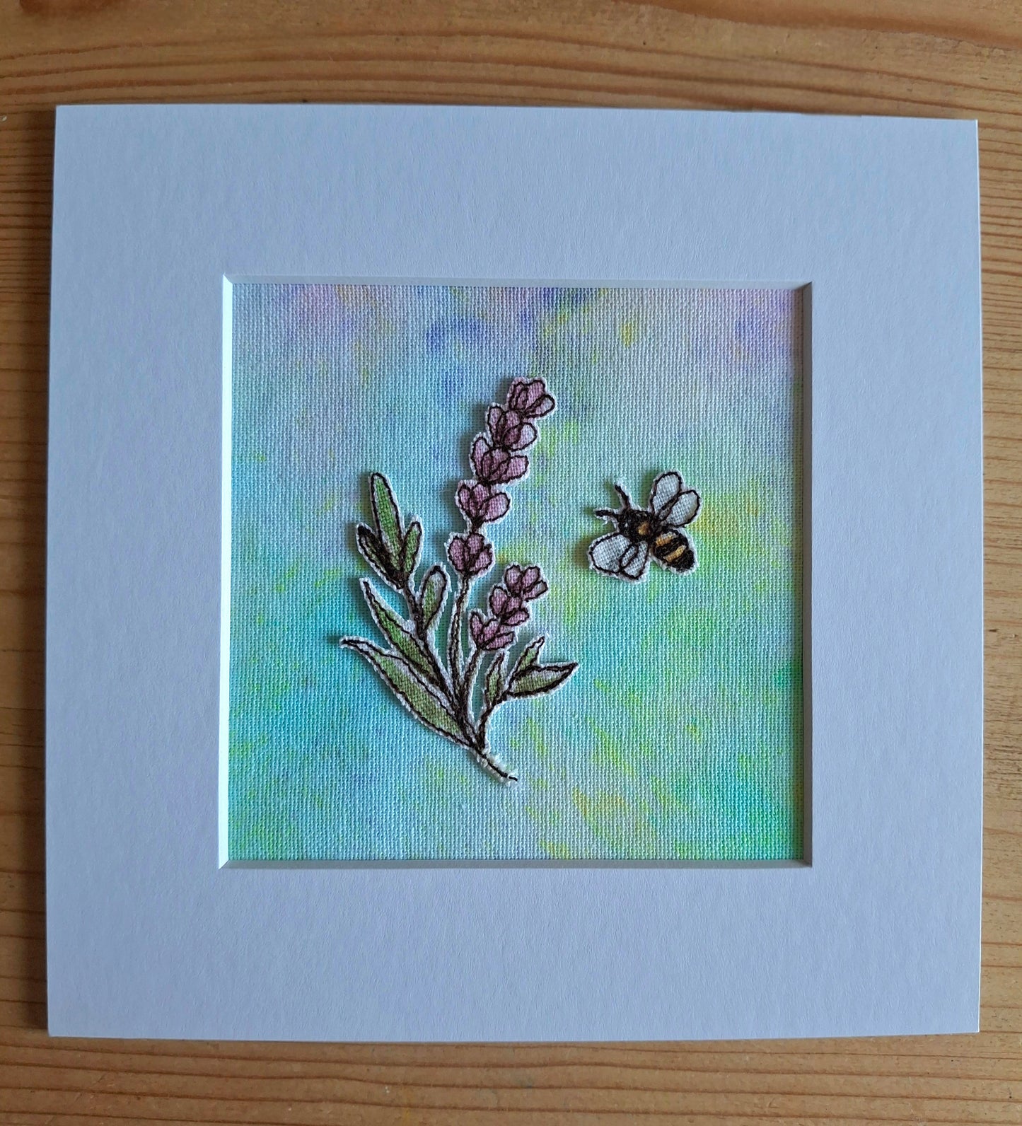 Original Textile Art - Lavender & Bee - 6 x 6 inches