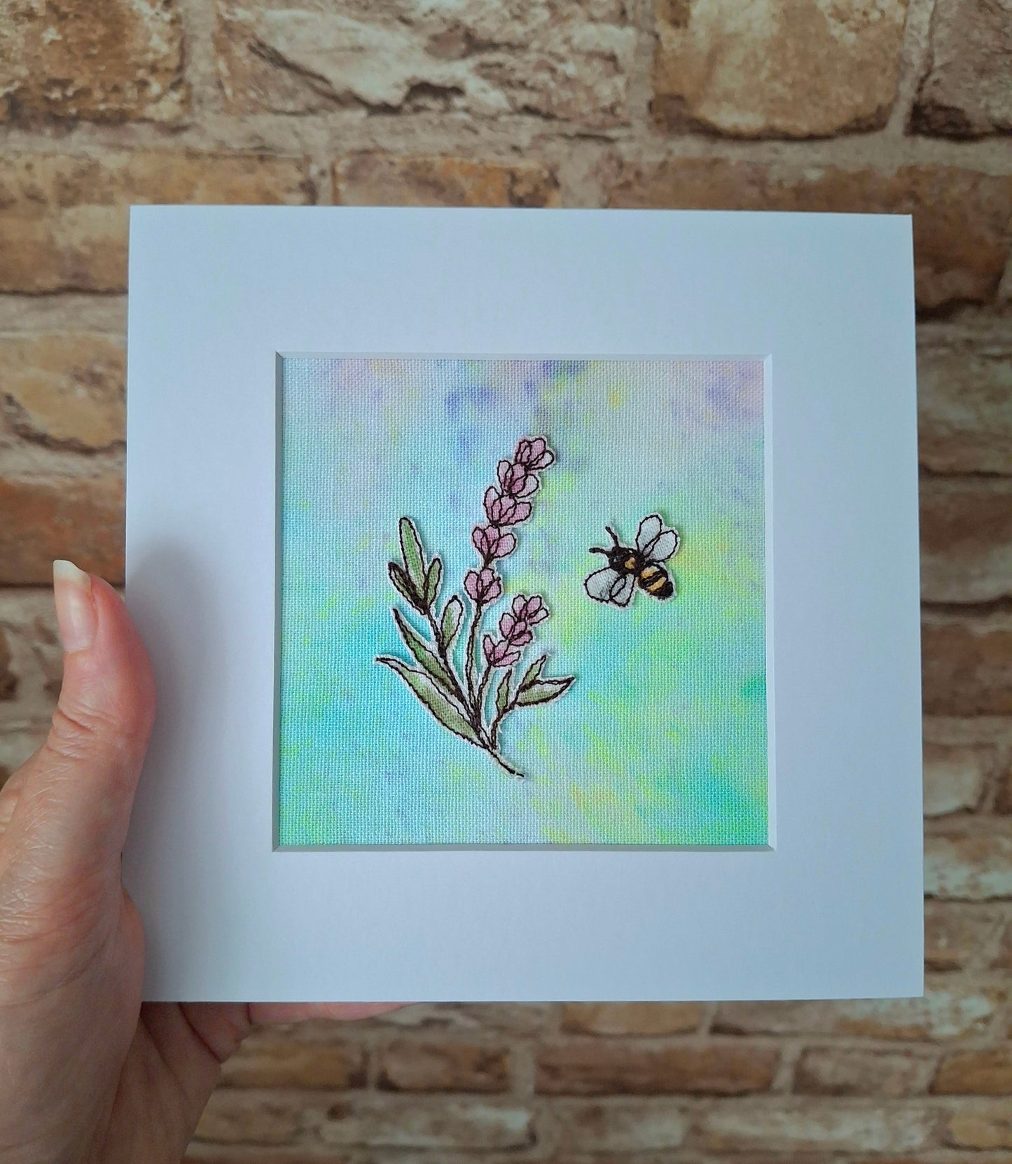 Original Textile Art - Lavender & Bee - 6 x 6 inches