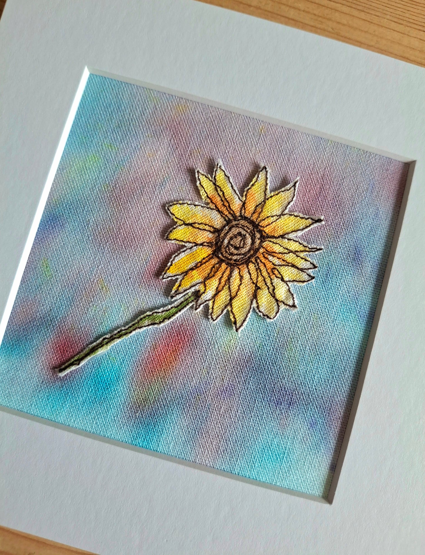 Original Textile Art - Sunflower - 6 x 6 inches (Blue)