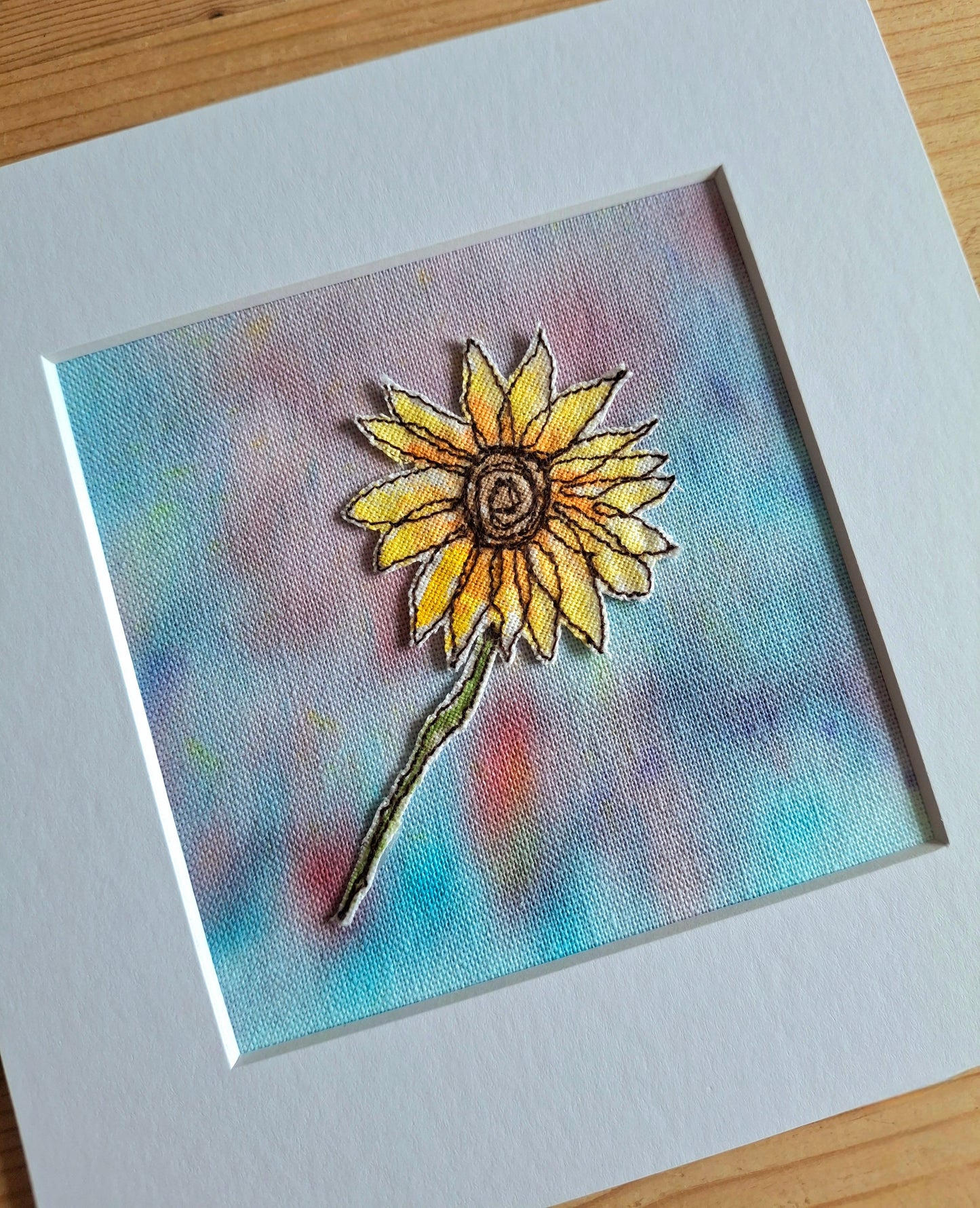 Original Textile Art - Sunflower - 6 x 6 inches (Blue)