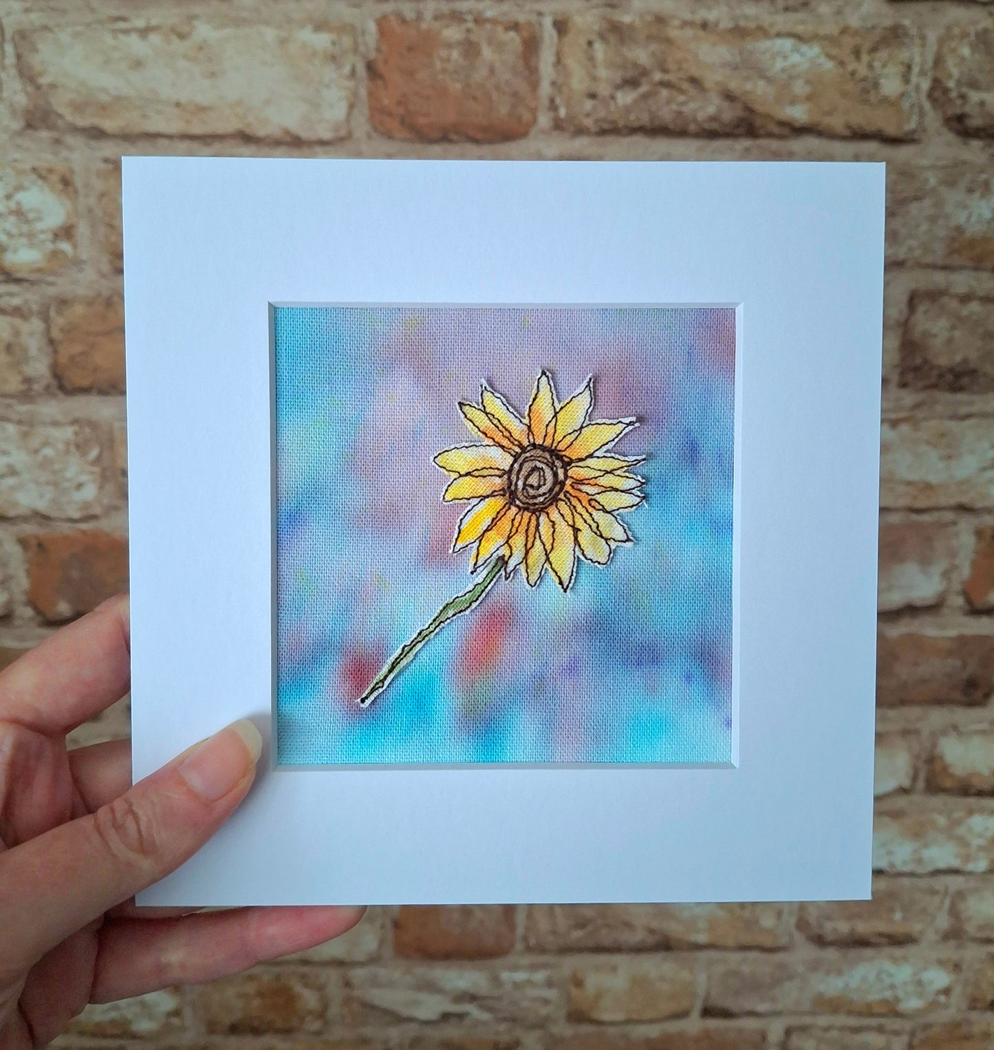 Original Textile Art - Sunflower - 6 x 6 inches (Blue)
