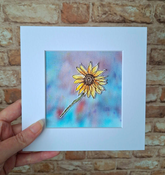 Original Textile Art - Sunflower - 6 x 6 inches (Blue)