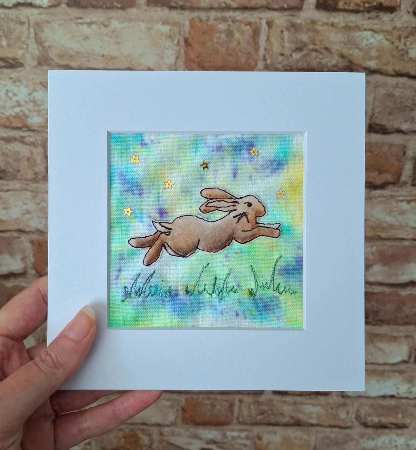 Original Textile Art - Leap of Faith - 6 x 6 inches (lilac & lemon)