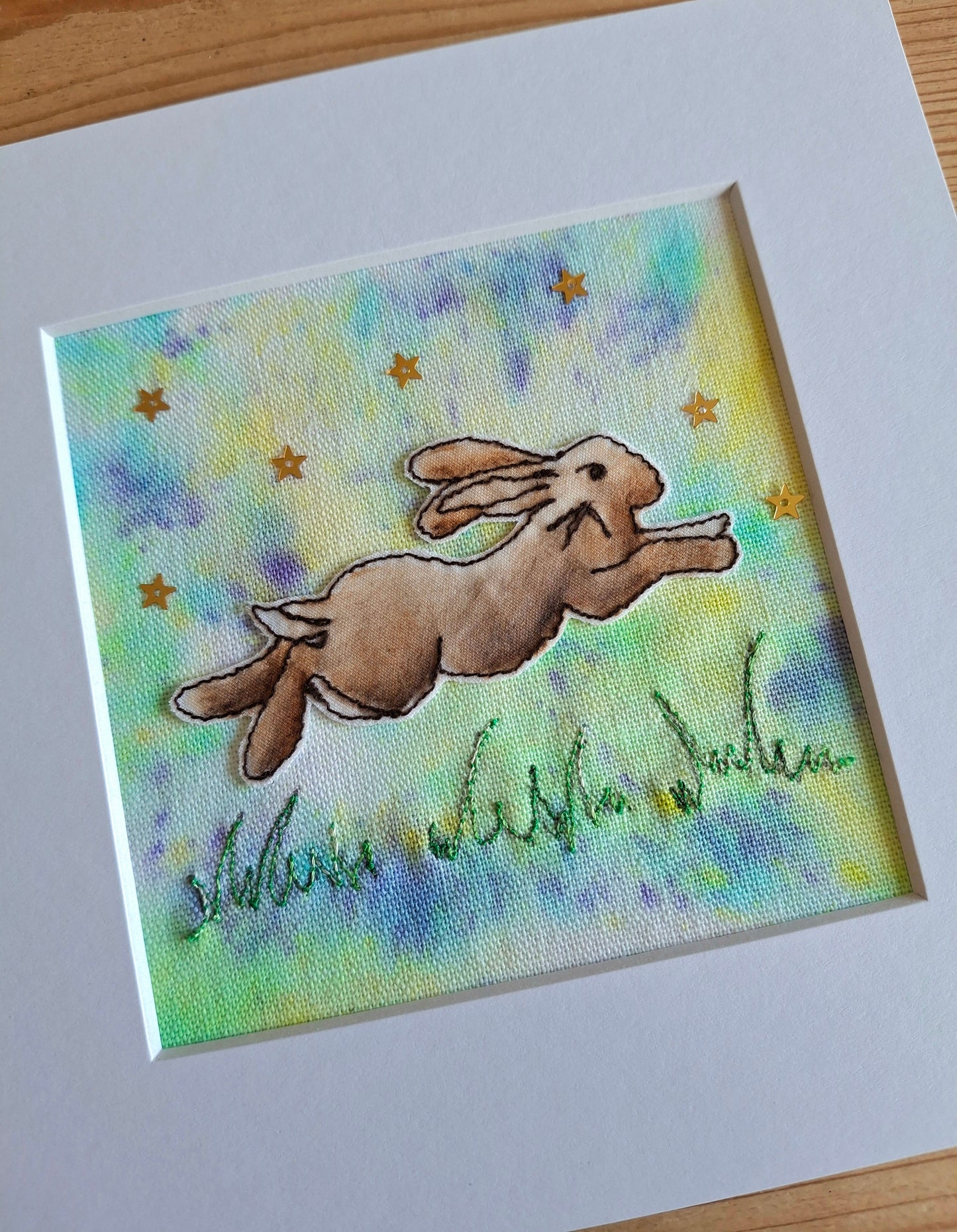 Original Textile Art - Leap of Faith - 6 x 6 inches (lilac & lemon)