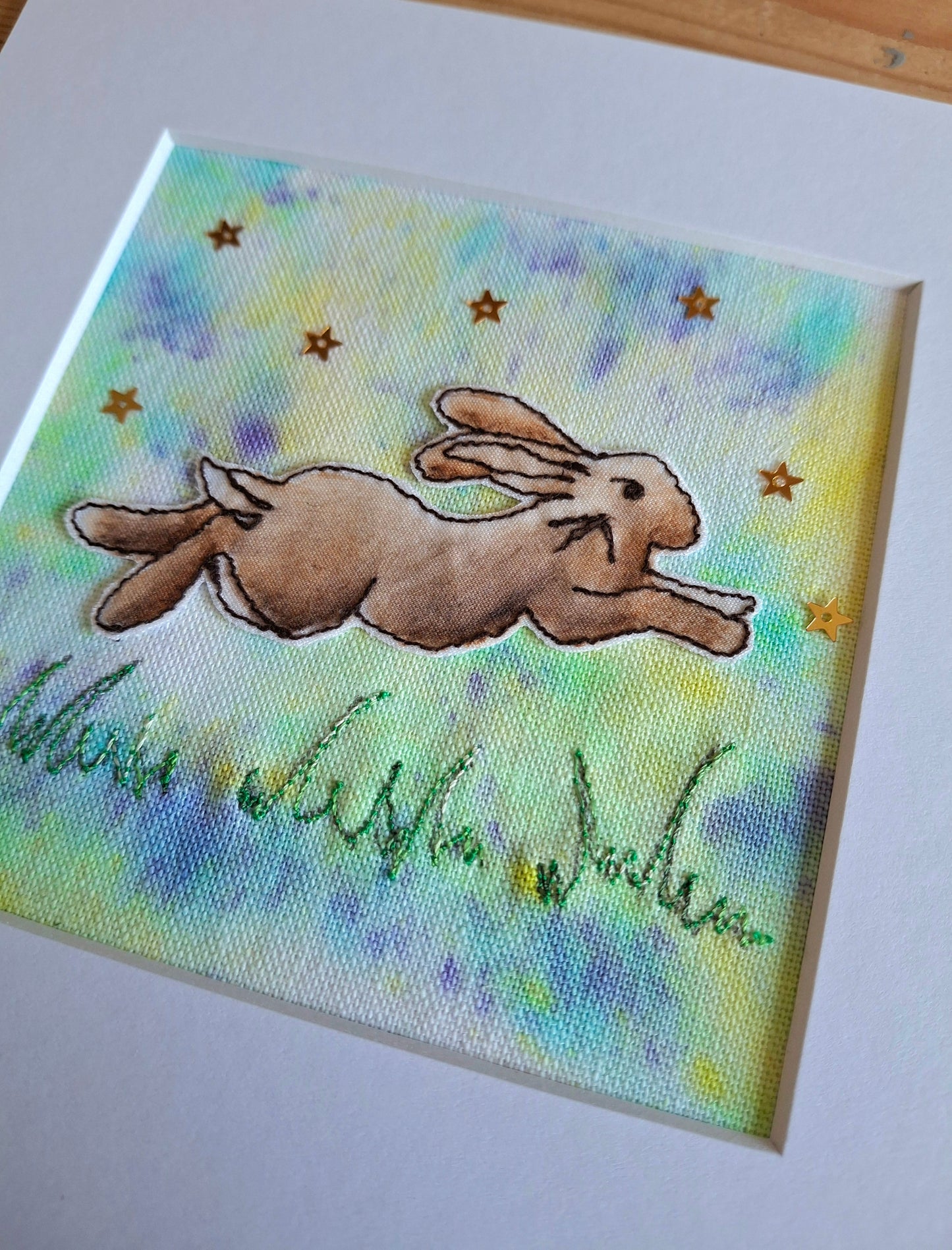 Original Textile Art - Leap of Faith - 6 x 6 inches (lilac & lemon)