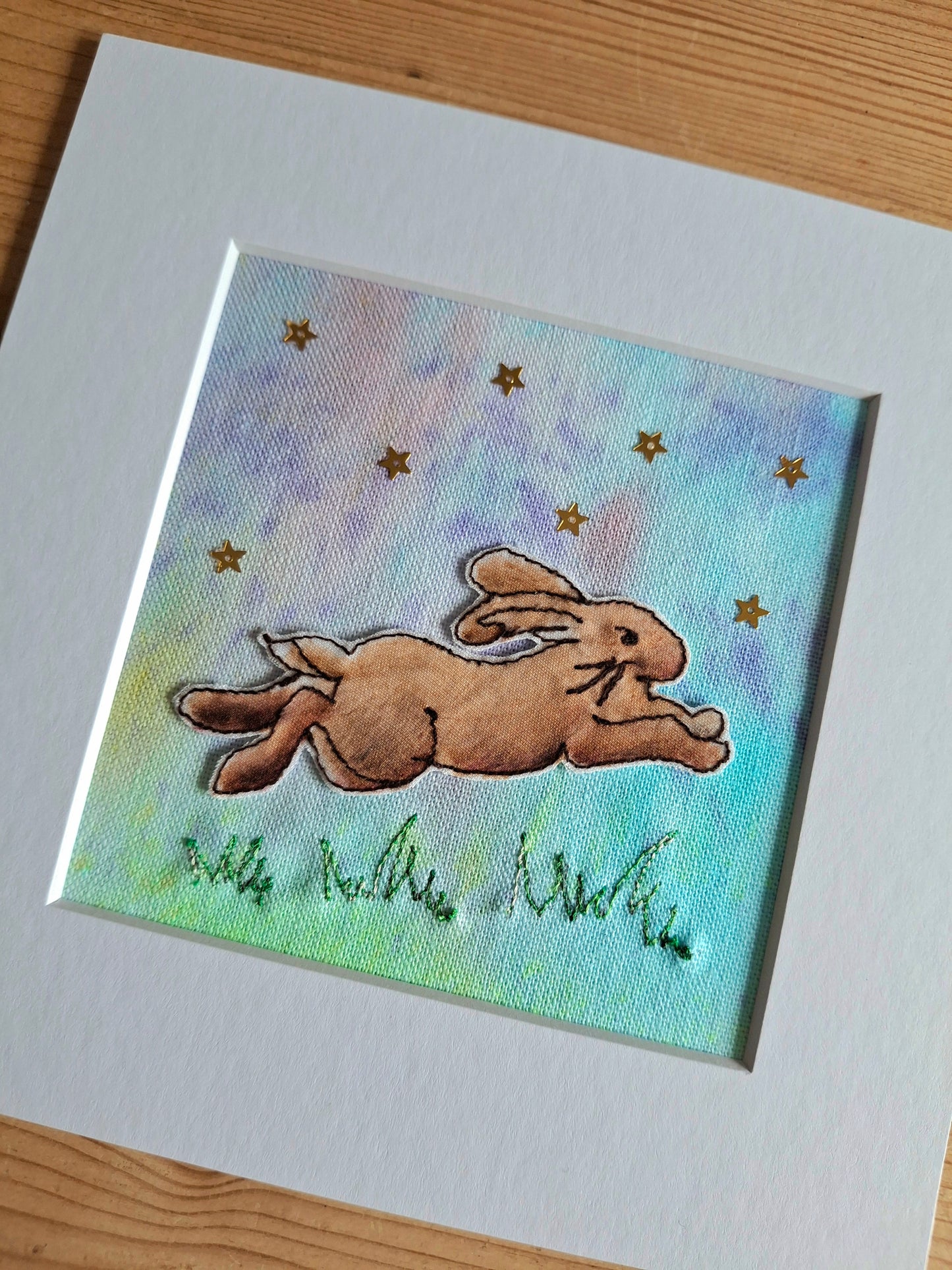Original Textile Art - Leap of Faith - 6 x 6 inches (turquoise & lilac)