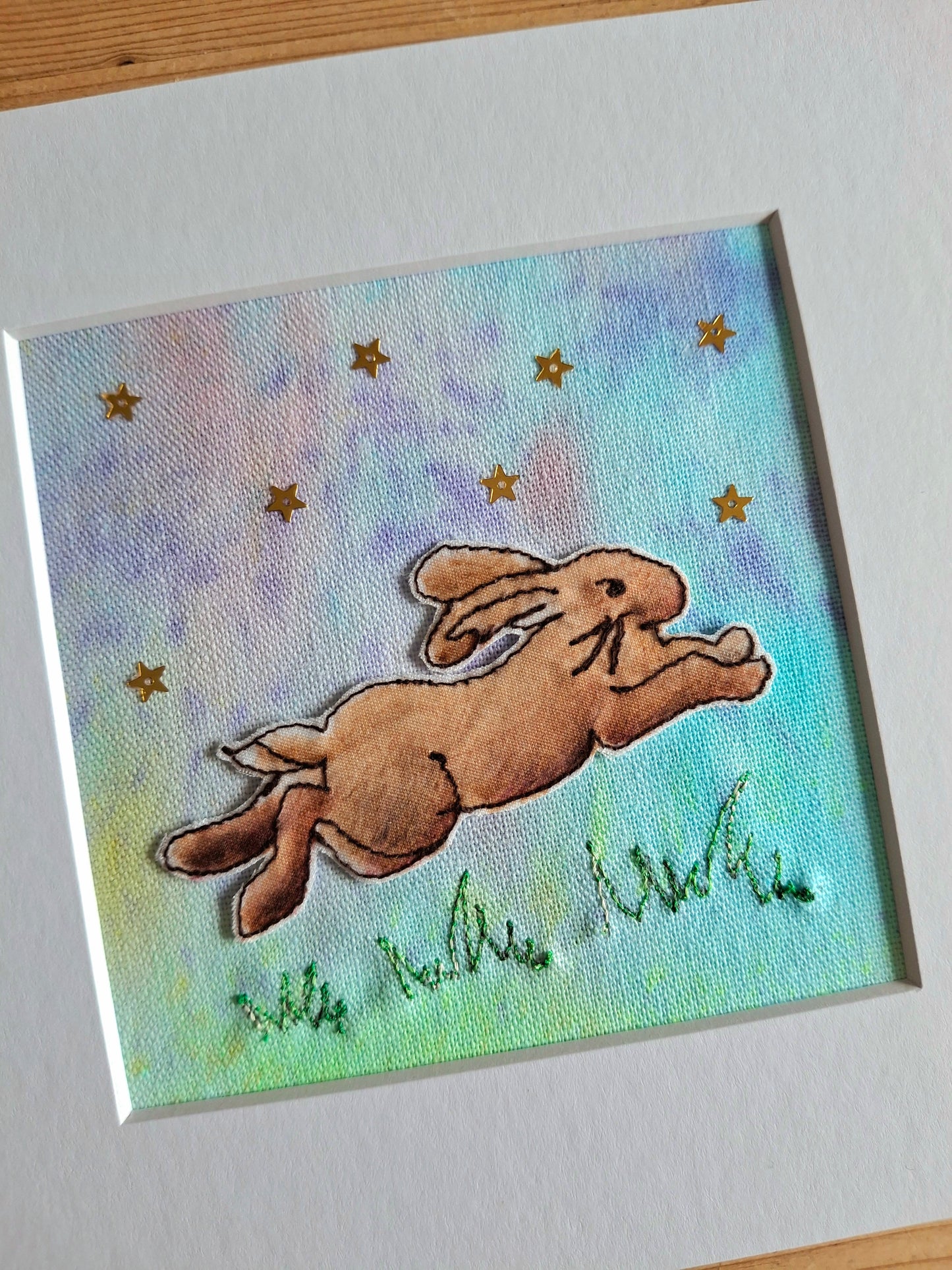 Original Textile Art - Leap of Faith - 6 x 6 inches (turquoise & lilac)
