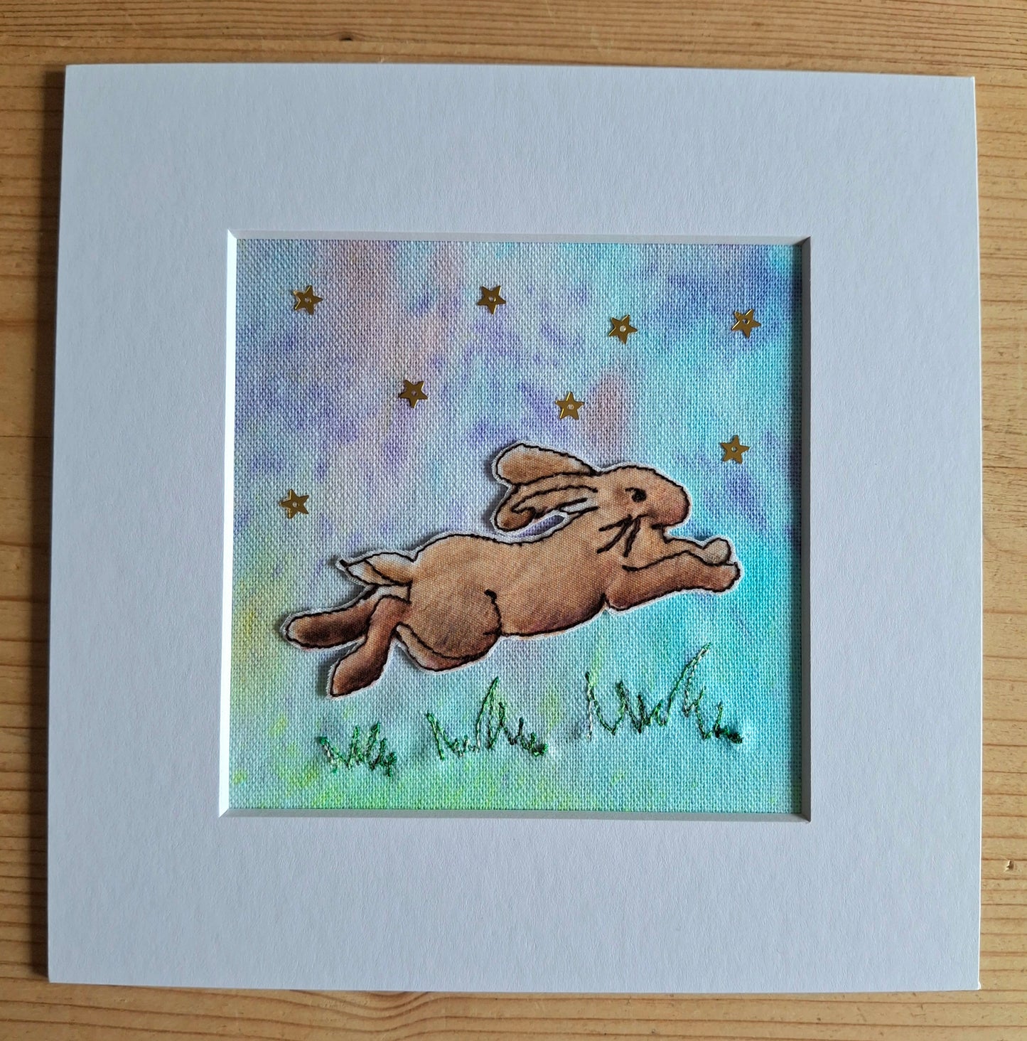 Original Textile Art - Leap of Faith - 6 x 6 inches (turquoise & lilac)