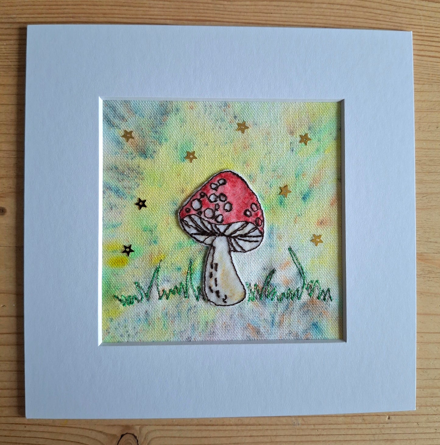 Original Textile Art - Whimsical Mushroom  - 6 x 6 inches (Yellow)