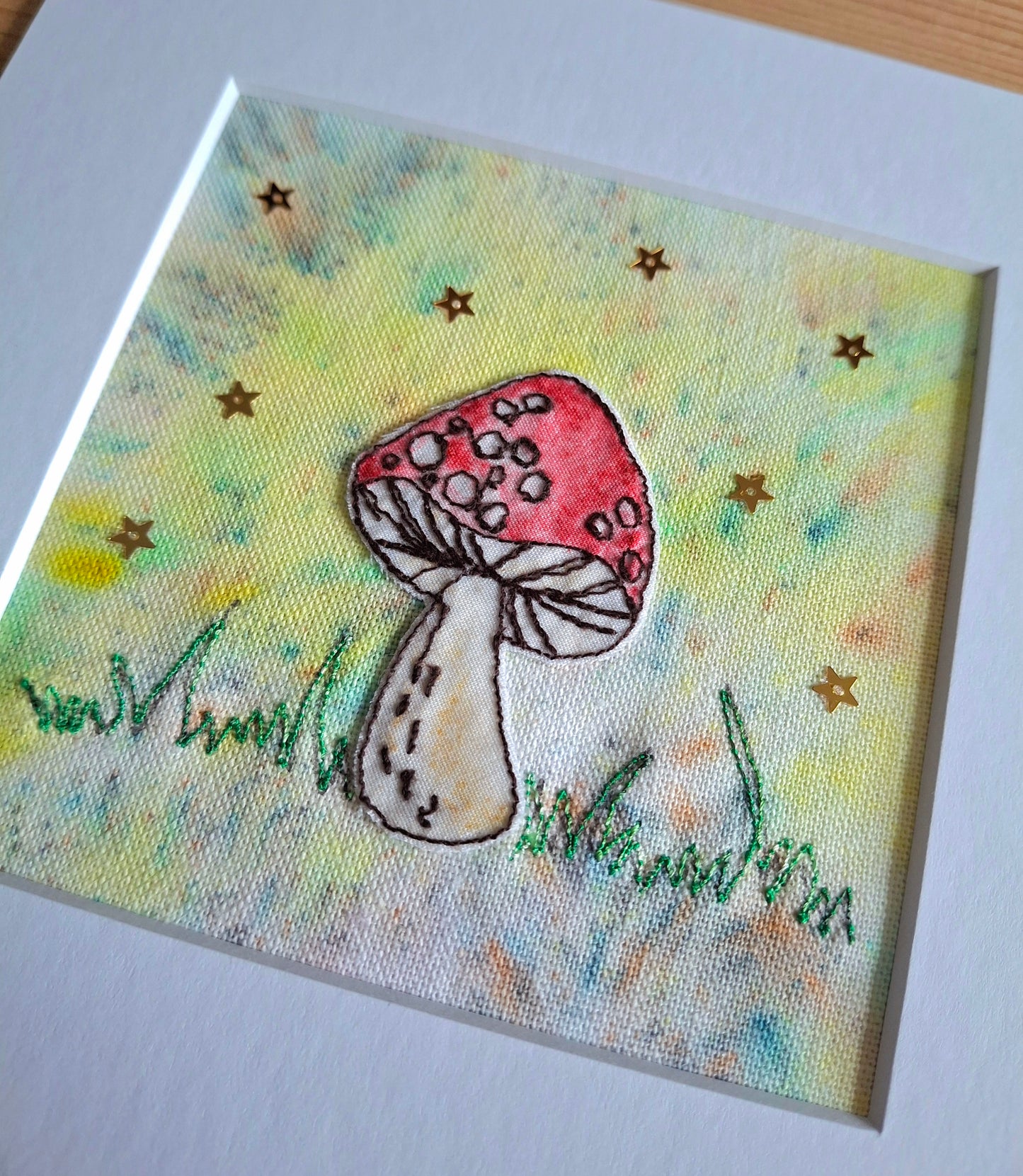 Original Textile Art - Whimsical Mushroom  - 6 x 6 inches (Yellow)