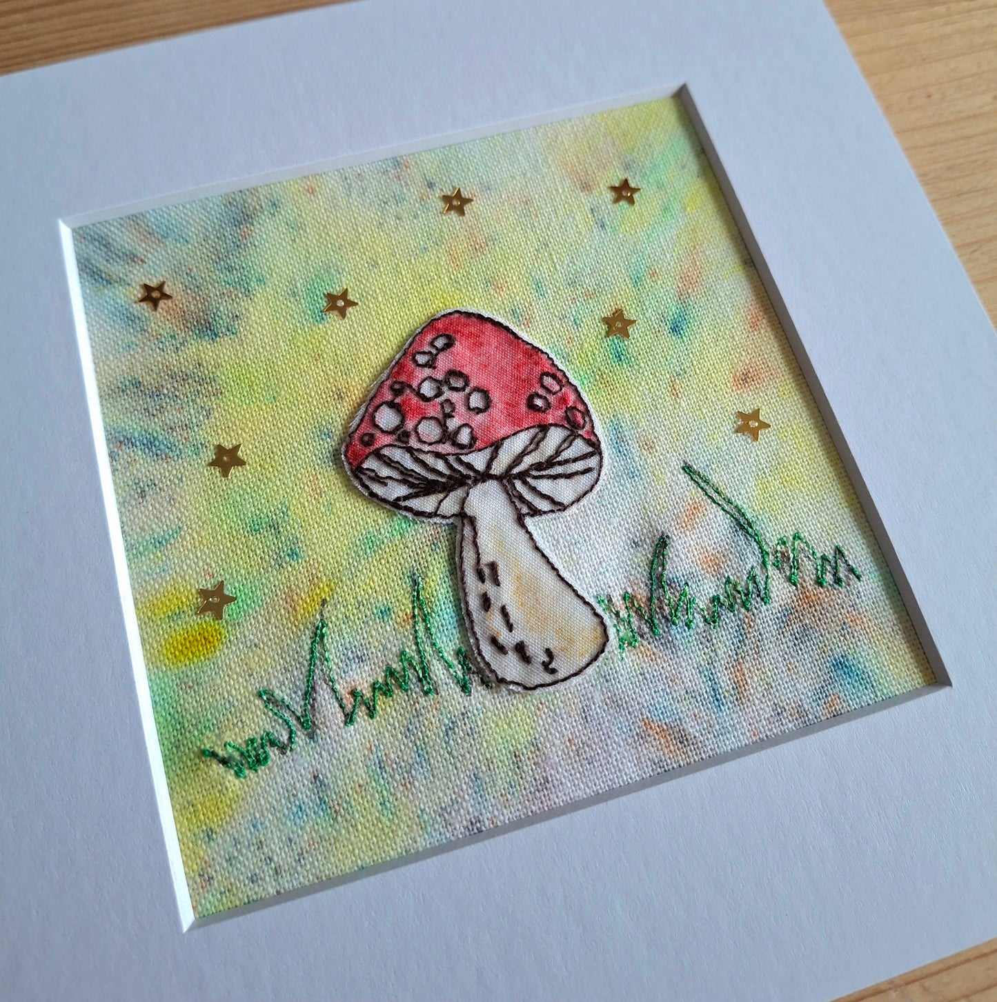 Original Textile Art - Whimsical Mushroom  - 6 x 6 inches (Yellow)