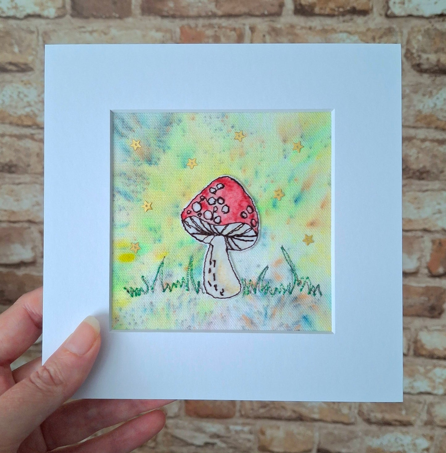 Original Textile Art - Whimsical Mushroom  - 6 x 6 inches (Yellow)