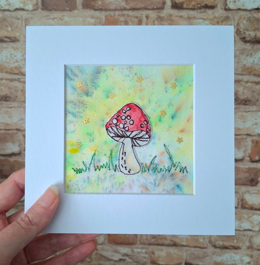 Original Textile Art - Whimsical Mushroom  - 6 x 6 inches (Yellow)