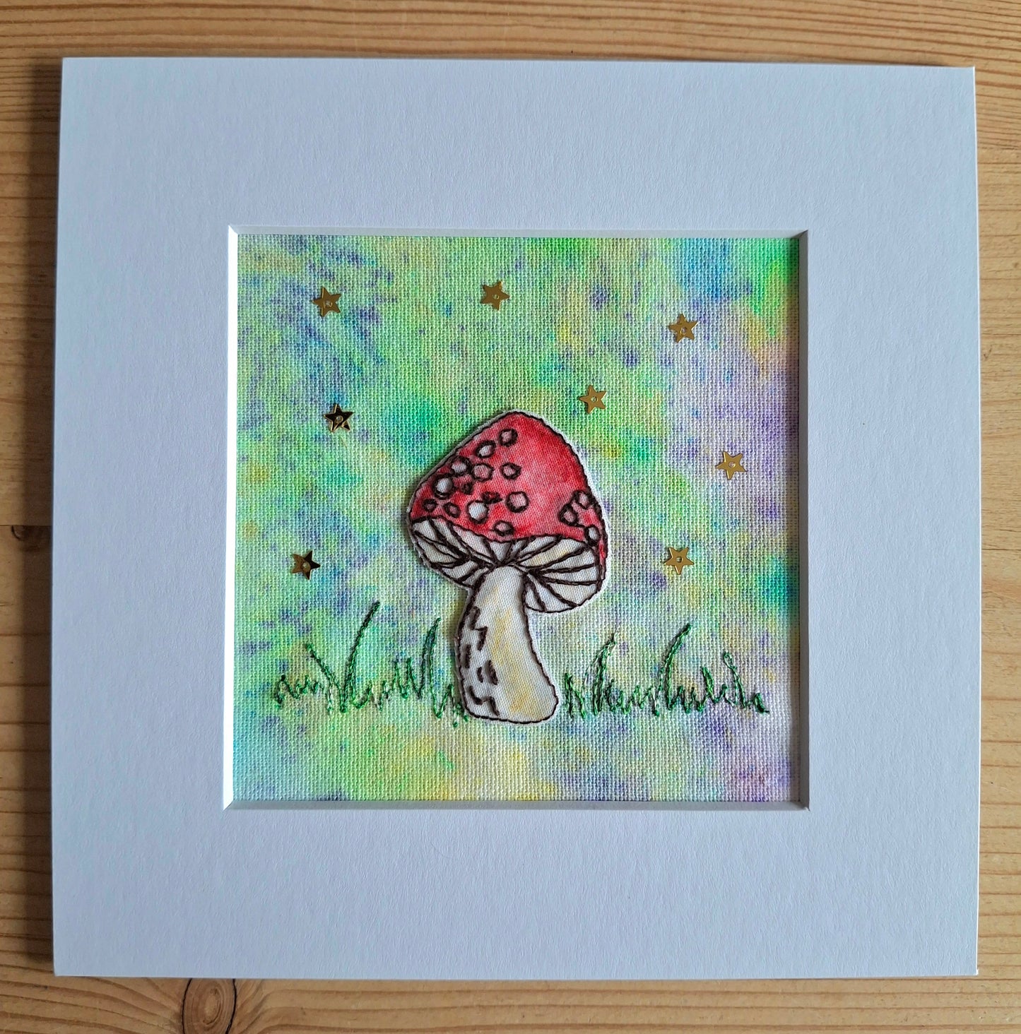 Original Textile Art - Whimsical Mushroom  - 6 x 6 inches (Lavender & Lime)