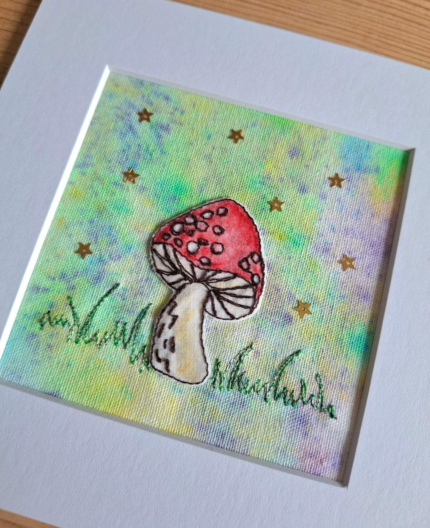 Original Textile Art - Whimsical Mushroom  - 6 x 6 inches (Lavender & Lime)
