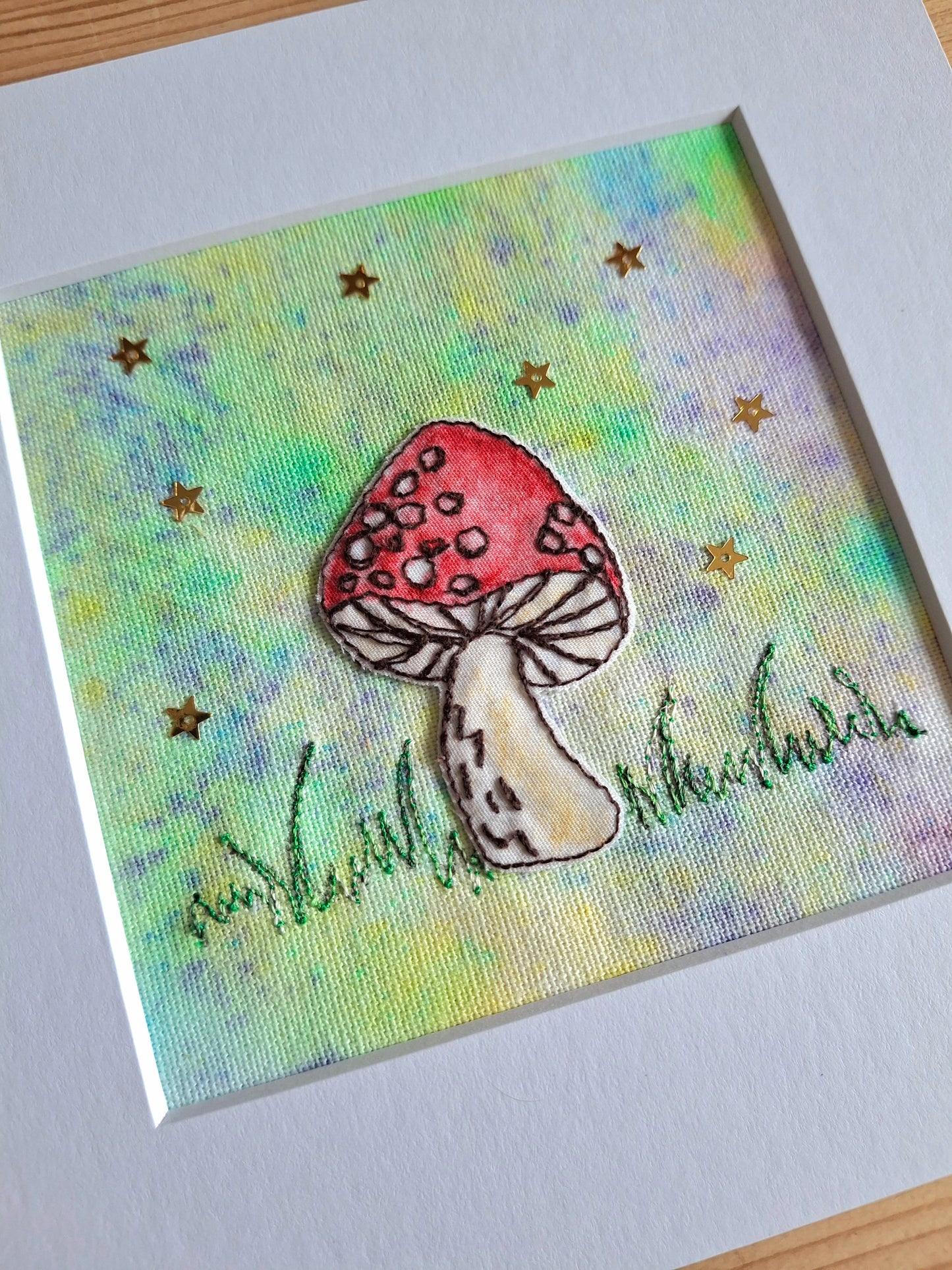 Original Textile Art - Whimsical Mushroom  - 6 x 6 inches (Lavender & Lime)