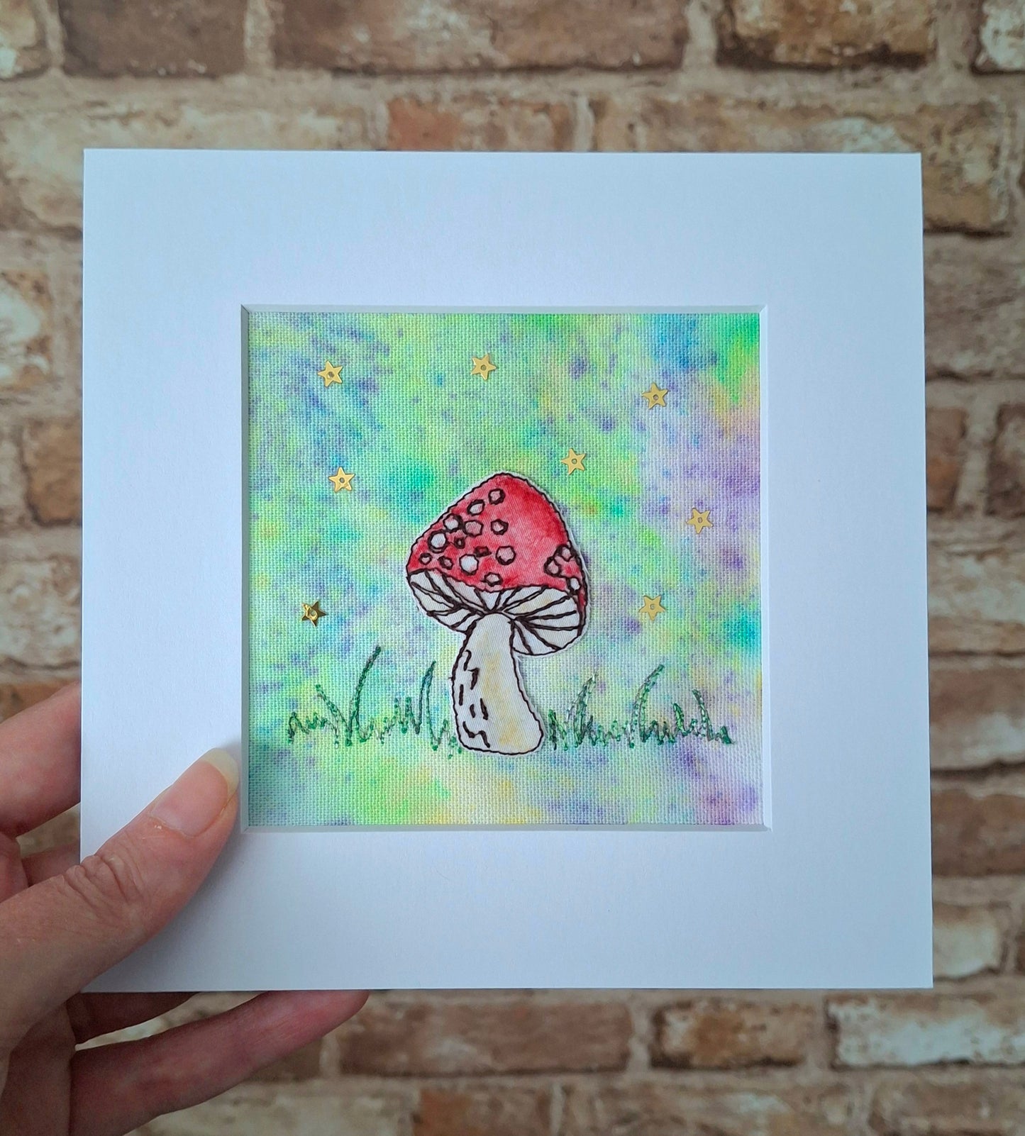 Original Textile Art - Whimsical Mushroom  - 6 x 6 inches (Lavender & Lime)