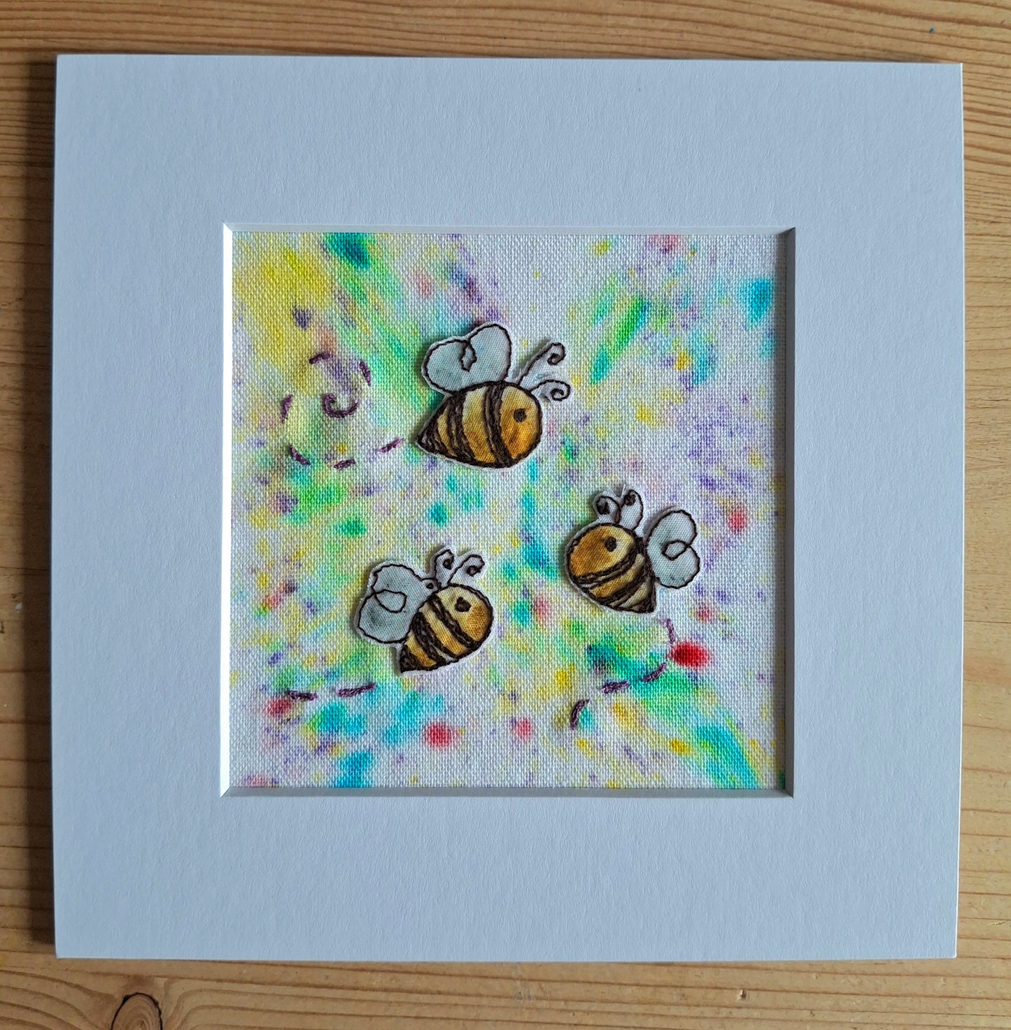 Original Textile Art - Sunny Bees - 6 x 6 inches (Multi-Coloured)