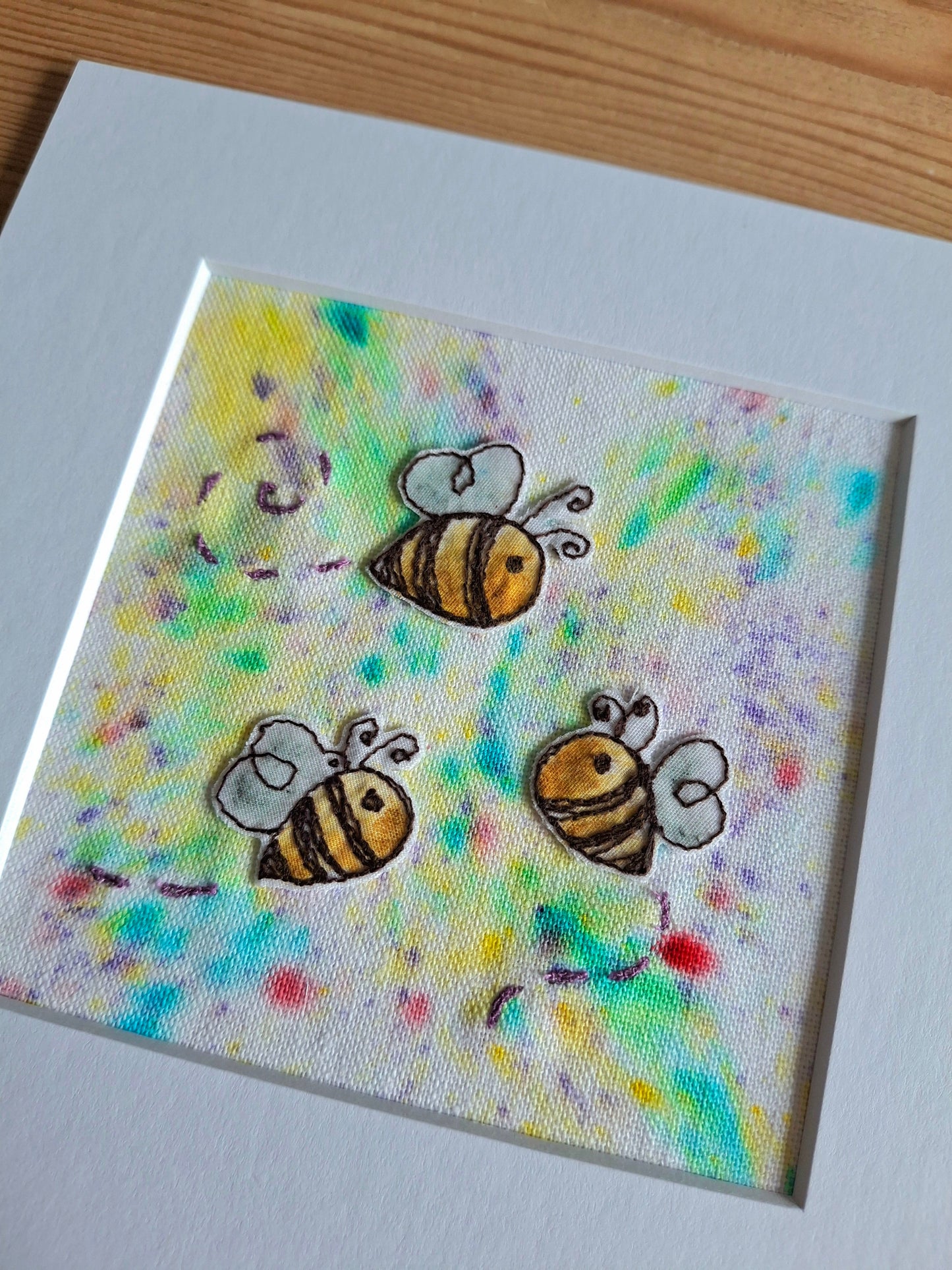 Original Textile Art - Sunny Bees - 6 x 6 inches (Multi-Coloured)