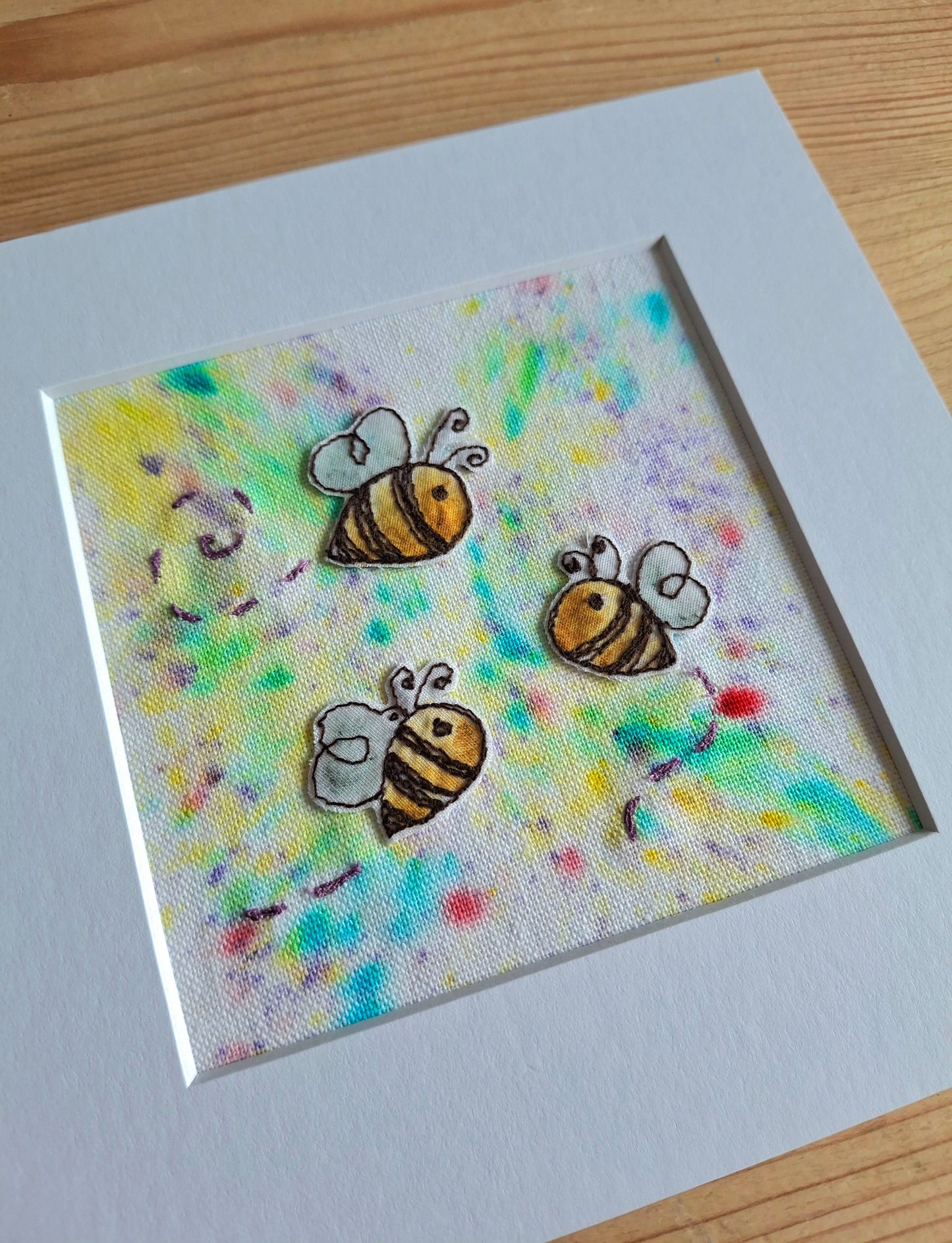 Original Textile Art - Sunny Bees - 6 x 6 inches (Multi-Coloured)