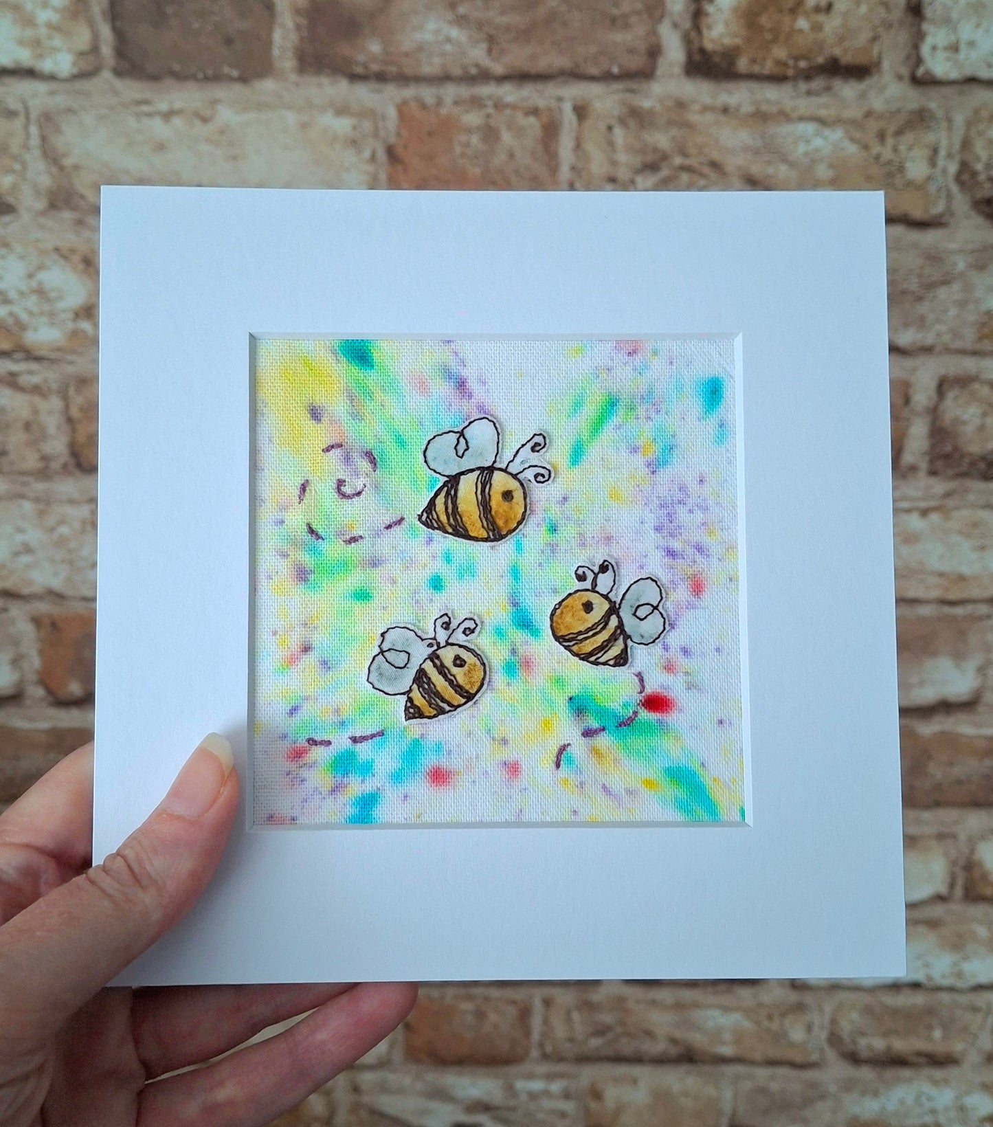 Original Textile Art - Sunny Bees - 6 x 6 inches (Multi-Coloured)