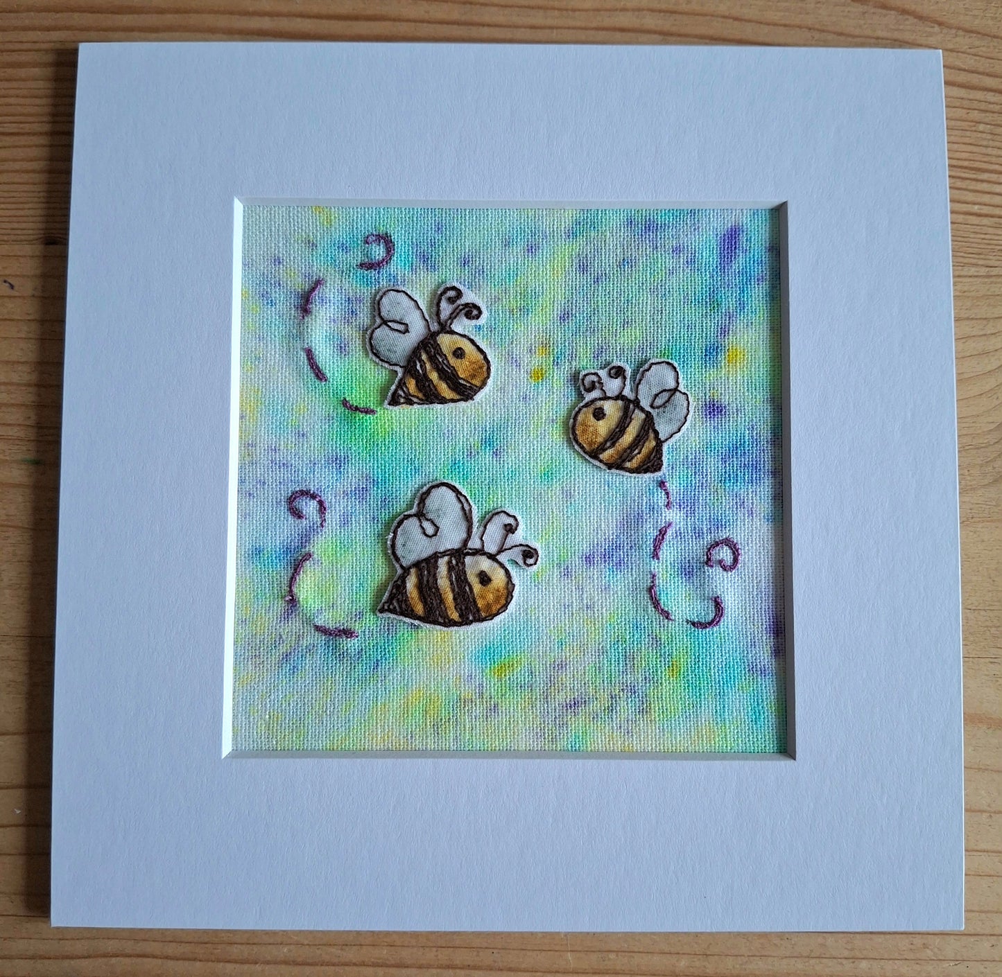 Original Textile Art - Sunny Bees - 6 x 6 inches (Lavender & Lemon)
