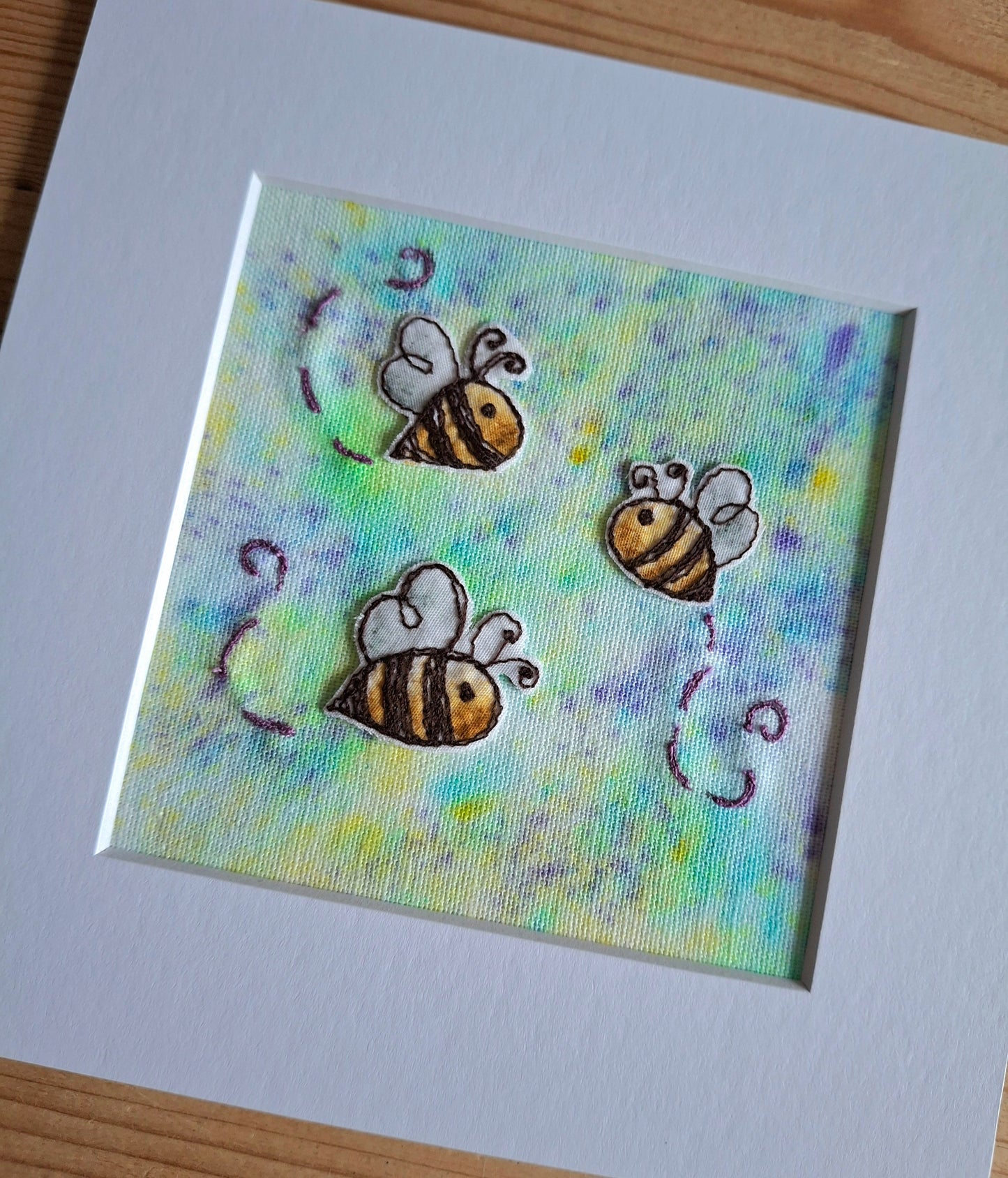 Original Textile Art - Sunny Bees - 6 x 6 inches (Lavender & Lemon)
