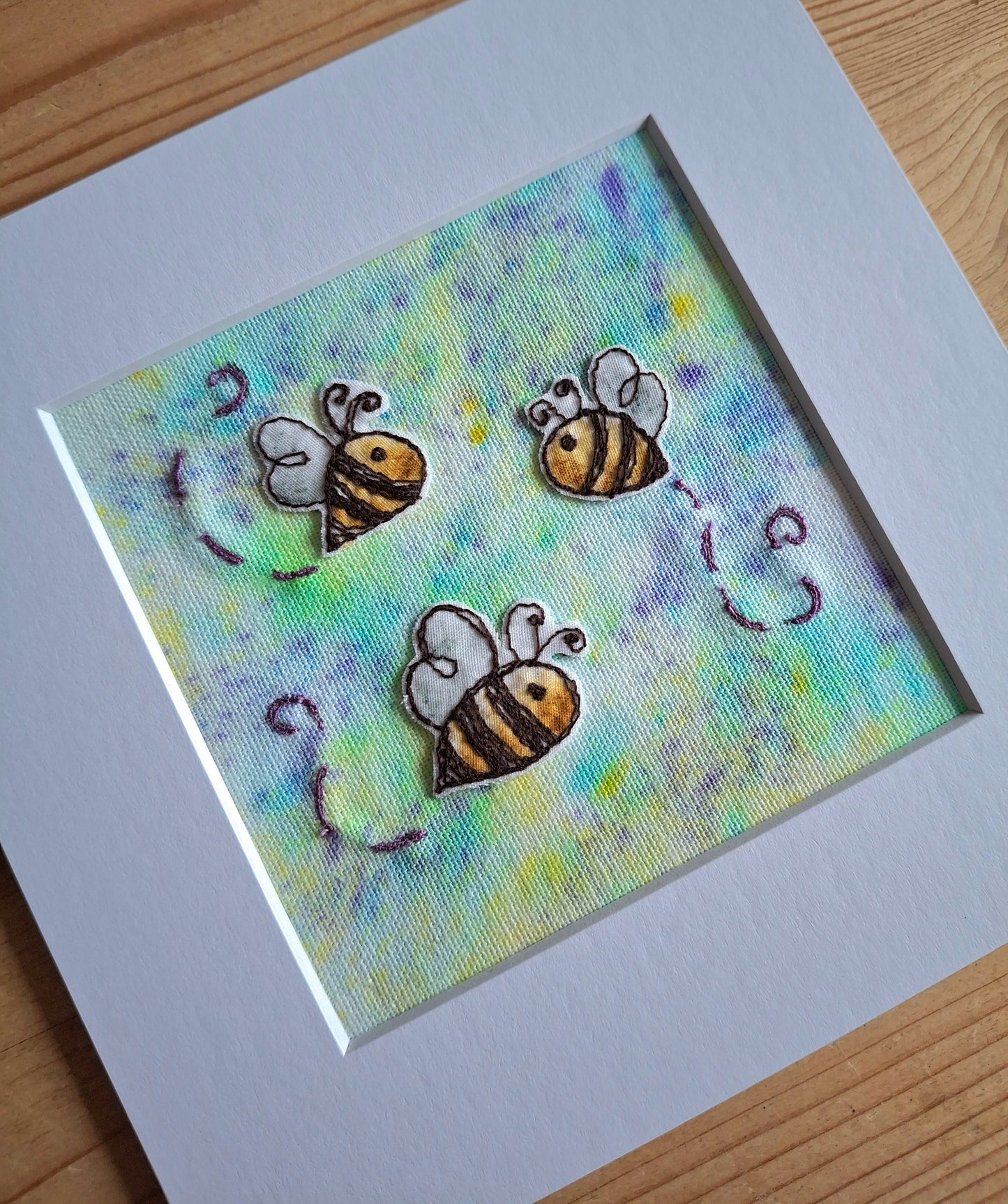 Original Textile Art - Sunny Bees - 6 x 6 inches (Lavender & Lemon)