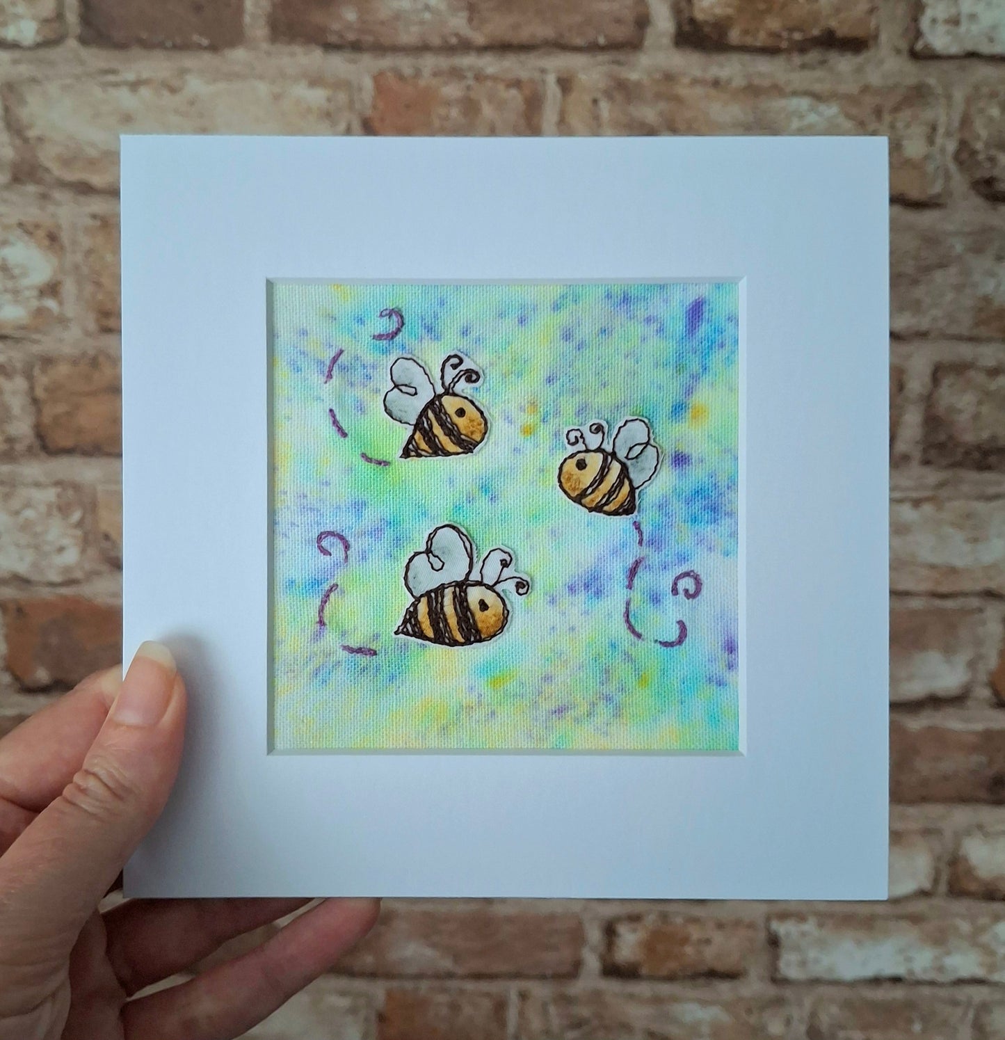 Original Textile Art - Sunny Bees - 6 x 6 inches (Lavender & Lemon)