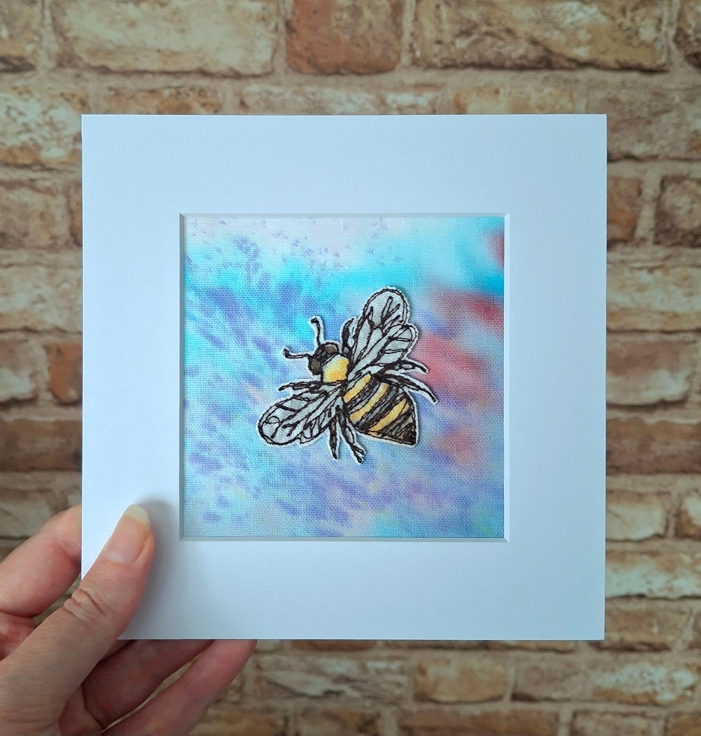 Original Textile Art - Bee - 6 x 6 inches (Berry & Lavender)