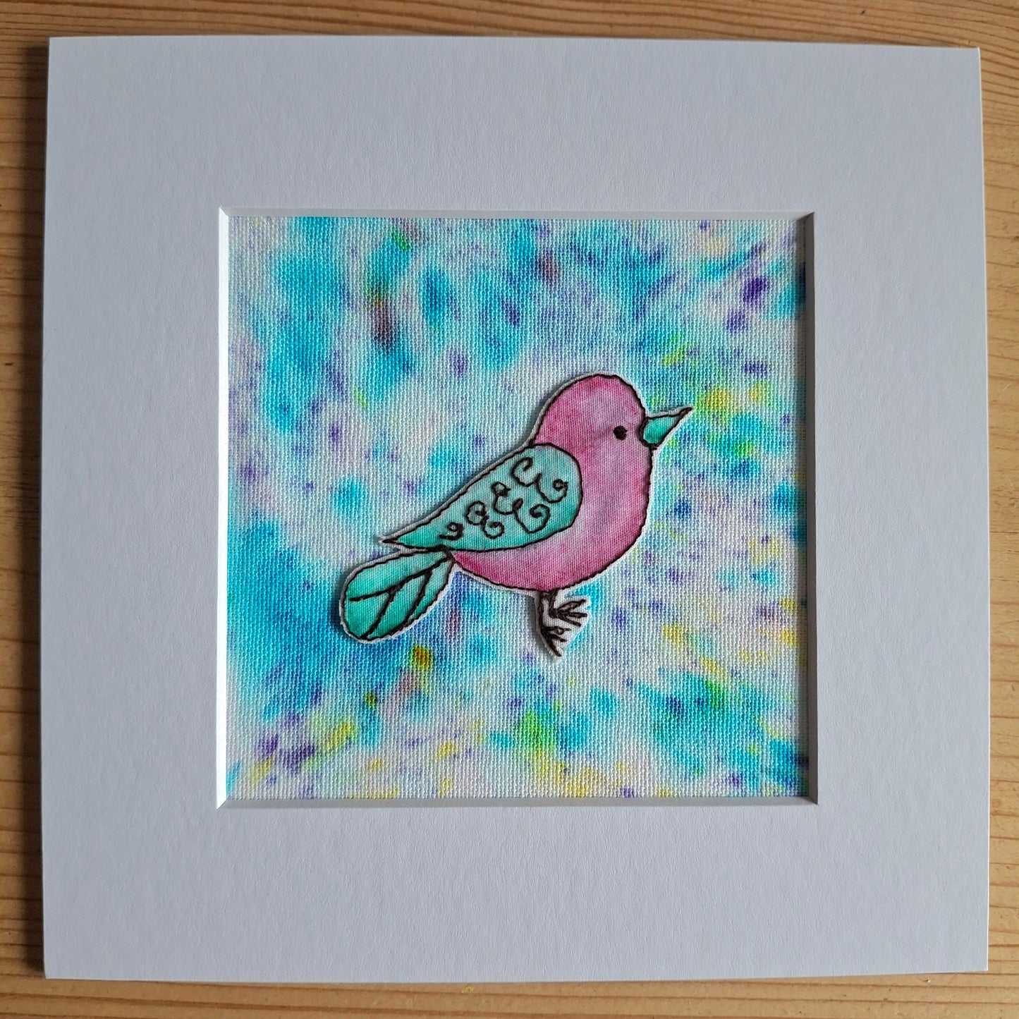 Original Textile Art - Birdie - 6 x 6 inches (Lavender & Blue)