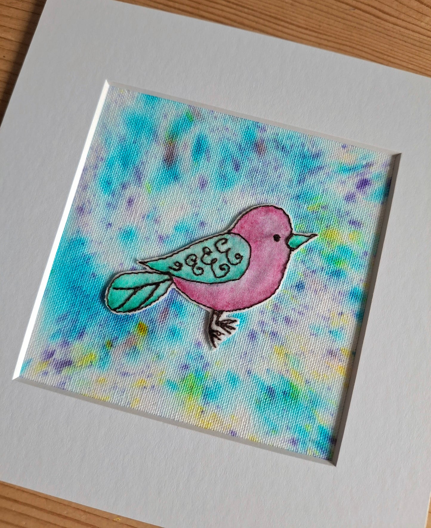 Original Textile Art - Birdie - 6 x 6 inches (Lavender & Blue)