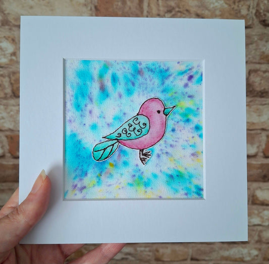 Original Textile Art - Birdie - 6 x 6 inches (Lavender & Blue)