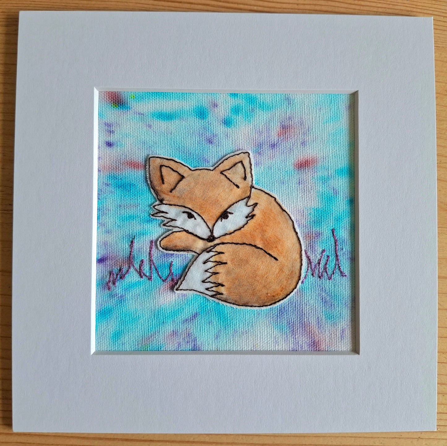 Original Textile Art - Relaxed Fox - 6 x 6 inches (Blue)