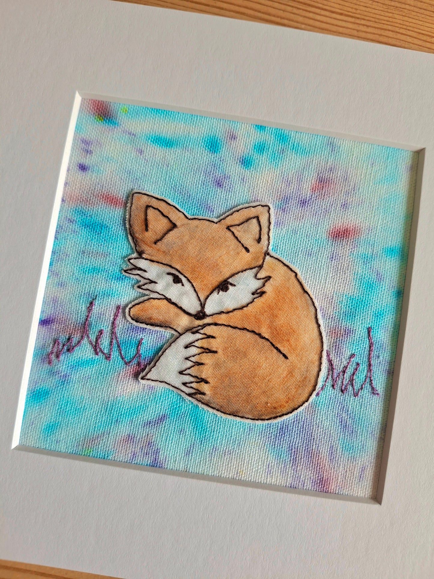 Original Textile Art - Relaxed Fox - 6 x 6 inches (Blue)