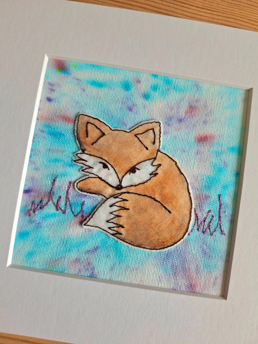 Original Textile Art - Relaxed Fox - 6 x 6 inches (Blue)